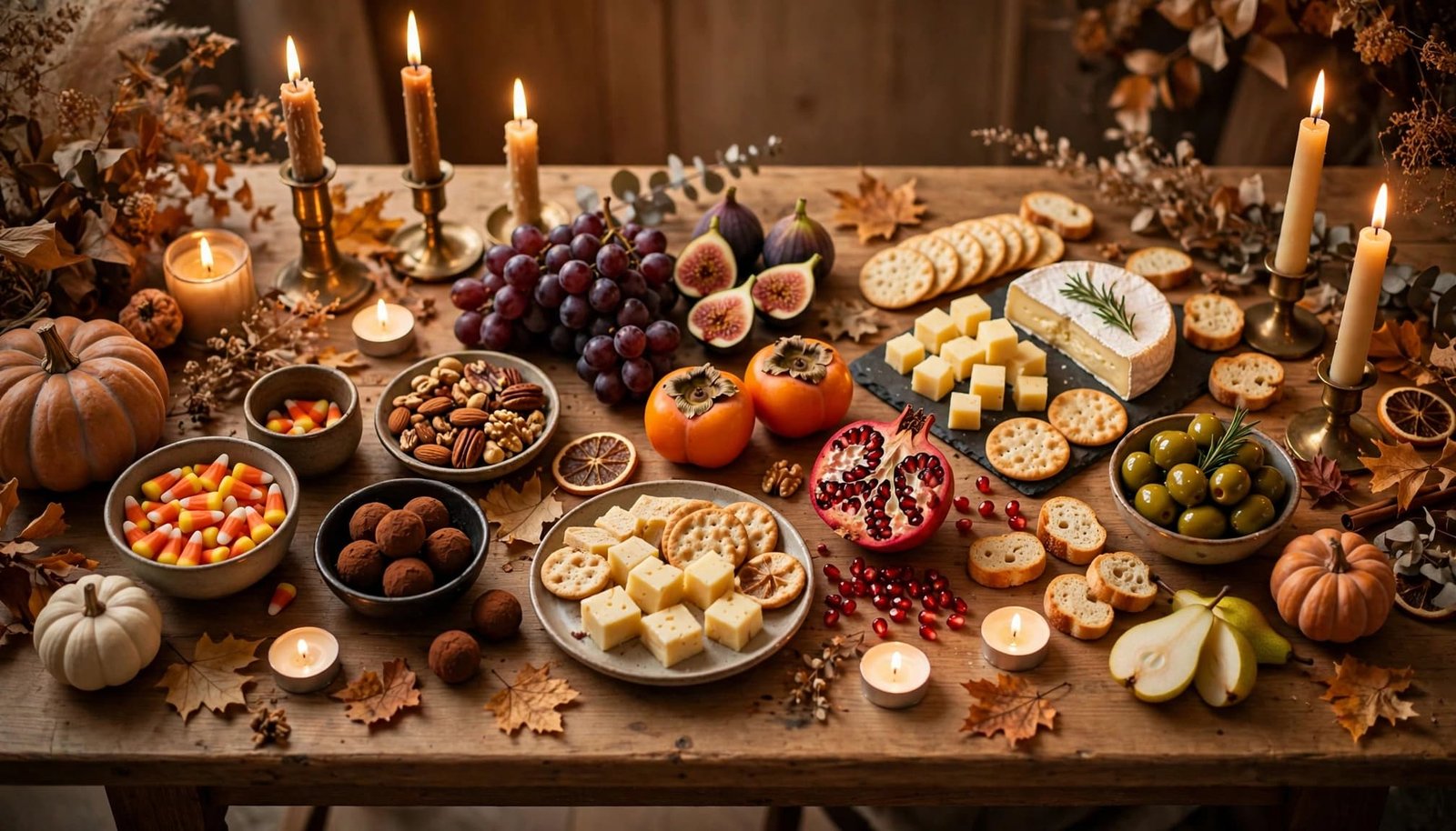 Halloween treats, fruit, and savory snacks arranged on a candlelit dining table.