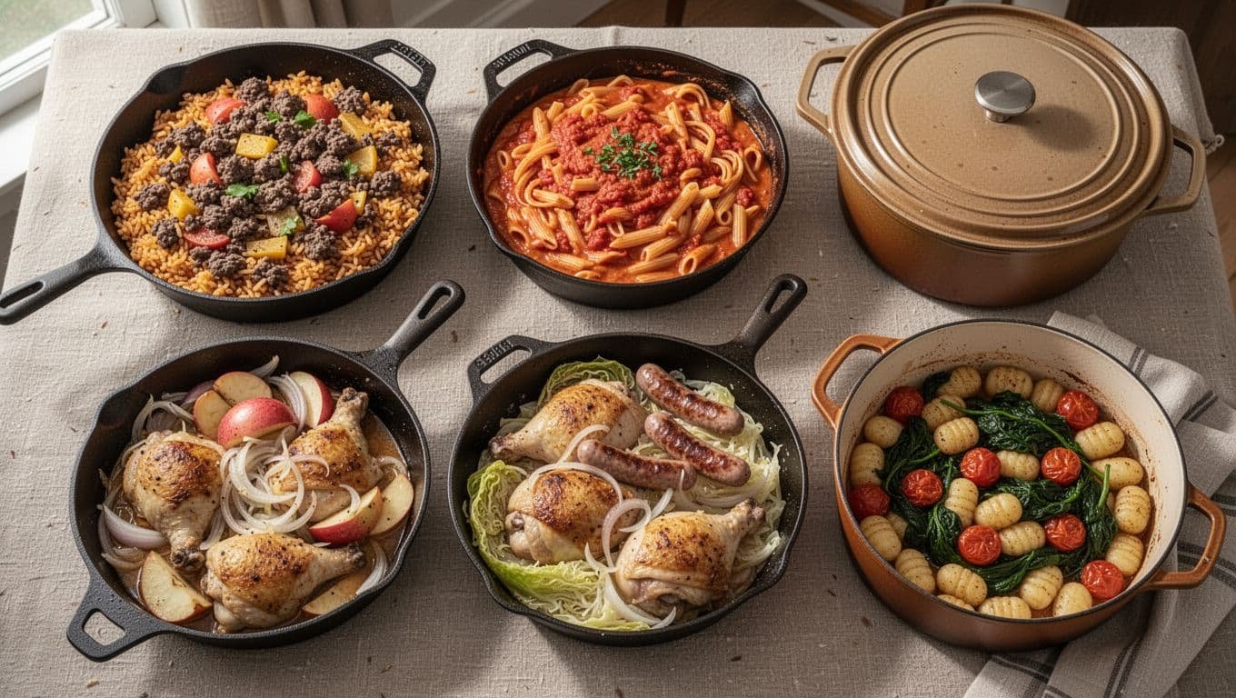 Several rustic pans hold colorful fall skillet and one-pot dinners on a wooden table.