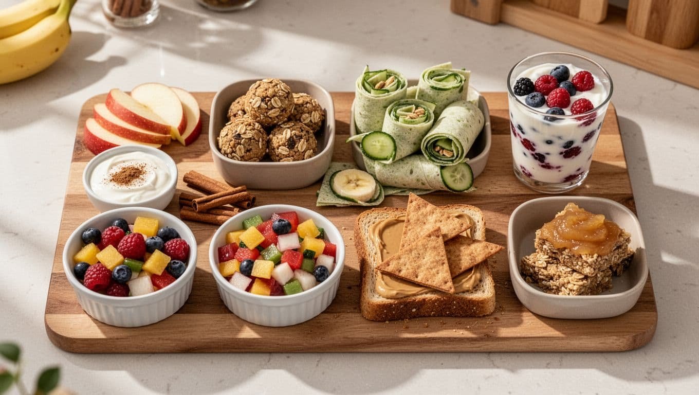 Seven homemade snacks arranged on a board in a sunny kitchen.