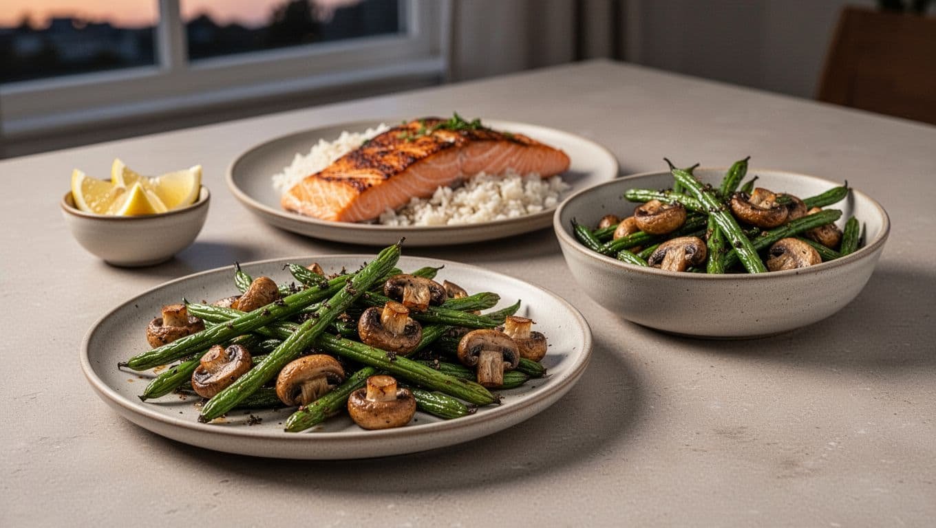 Green beans and mushrooms beside roasted salmon, rice, and lemon wedges on a dinner table.