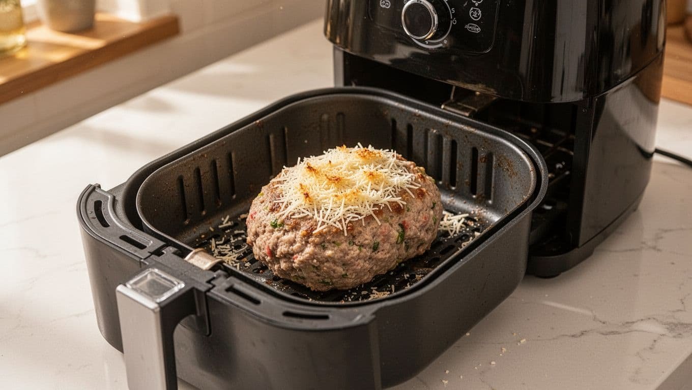 A browned chicken meatloaf sits in an open air fryer basket.
