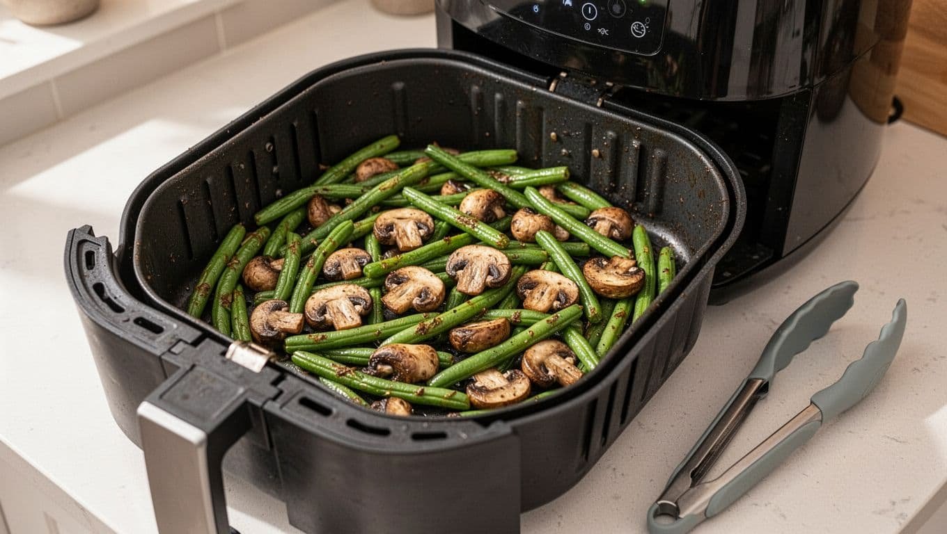 Open air fryer basket with green beans and mushrooms beside silicone tongs.