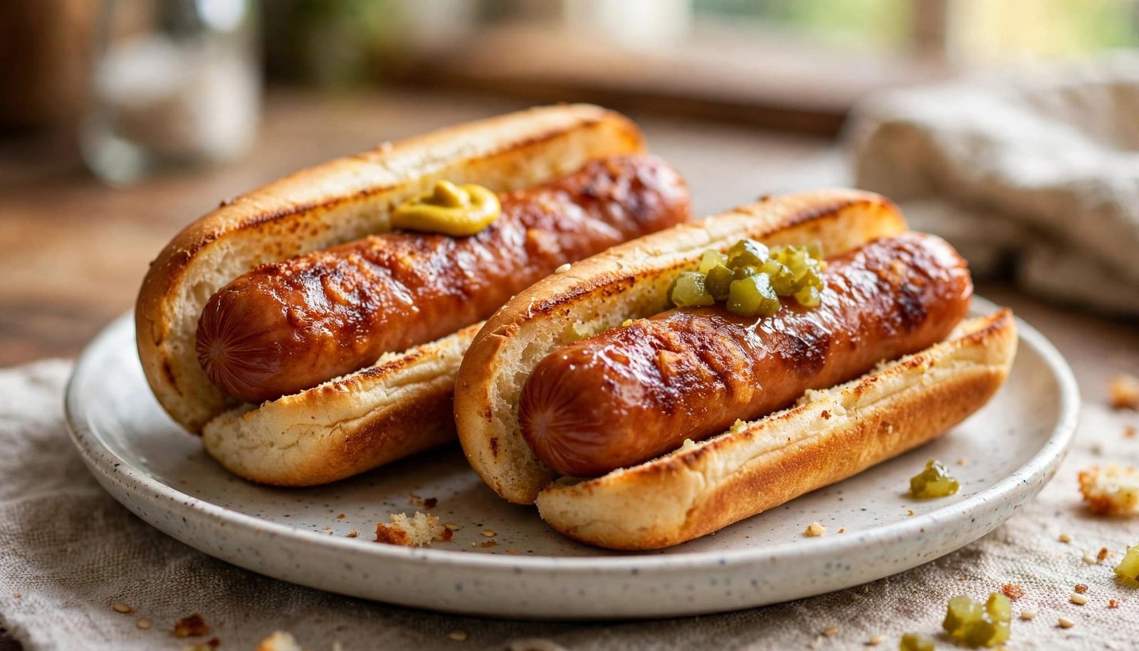 Two crispy hot dogs in toasted buns with mustard and relish on a ceramic plate.