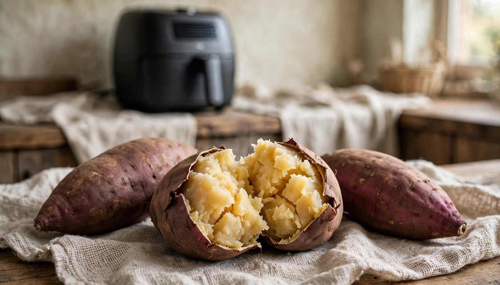 Three Japanese sweet potatoes on a counter, including one opened to show its golden interior.