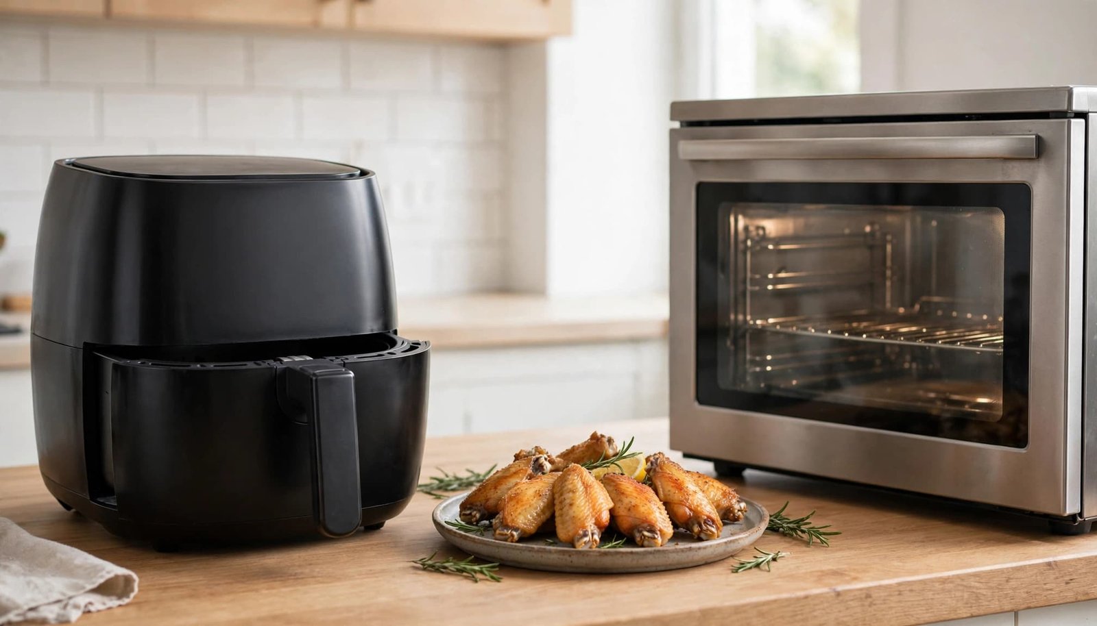An air fryer and oven flank a plate of golden chicken wings in a bright kitchen.