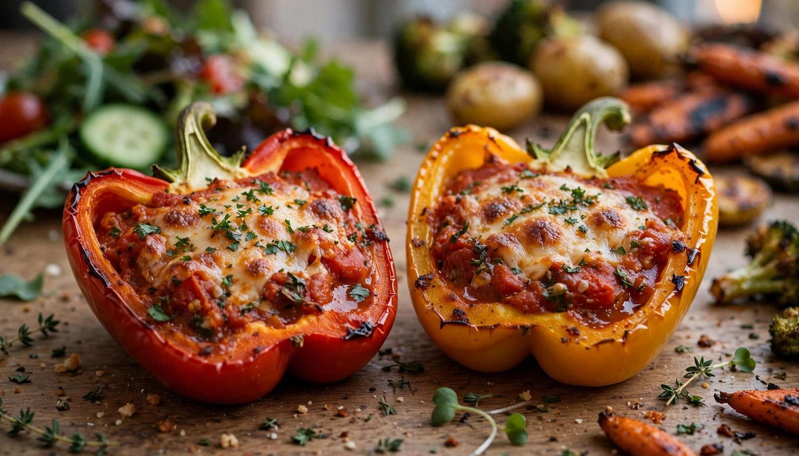 Two cheesy stuffed pepper halves served with salad and roasted vegetables.