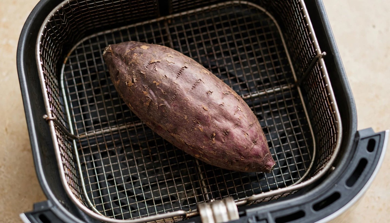 One Japanese sweet potato sits centered in an air fryer basket.