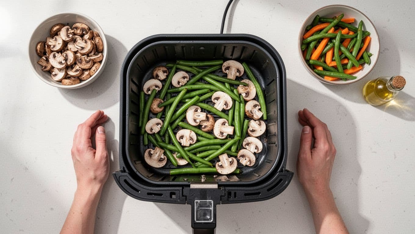 Hands arrange green beans and mushrooms in an air fryer basket.