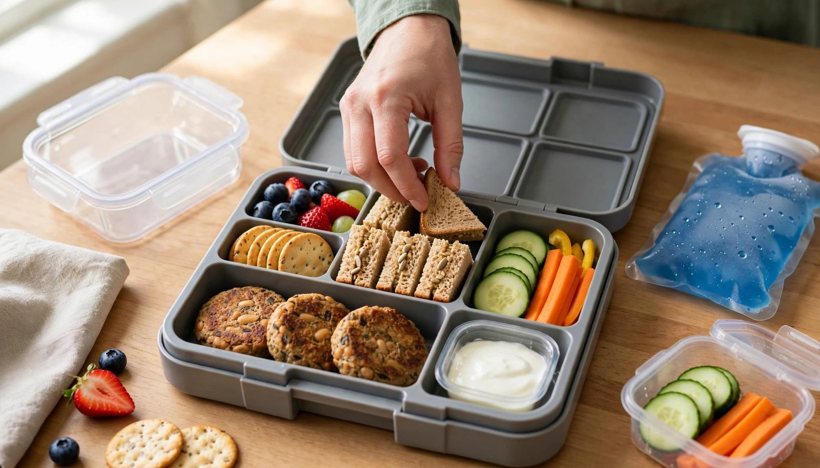 A colorful lunchbox filled with allergy-conscious foods beside containers and an ice pack.