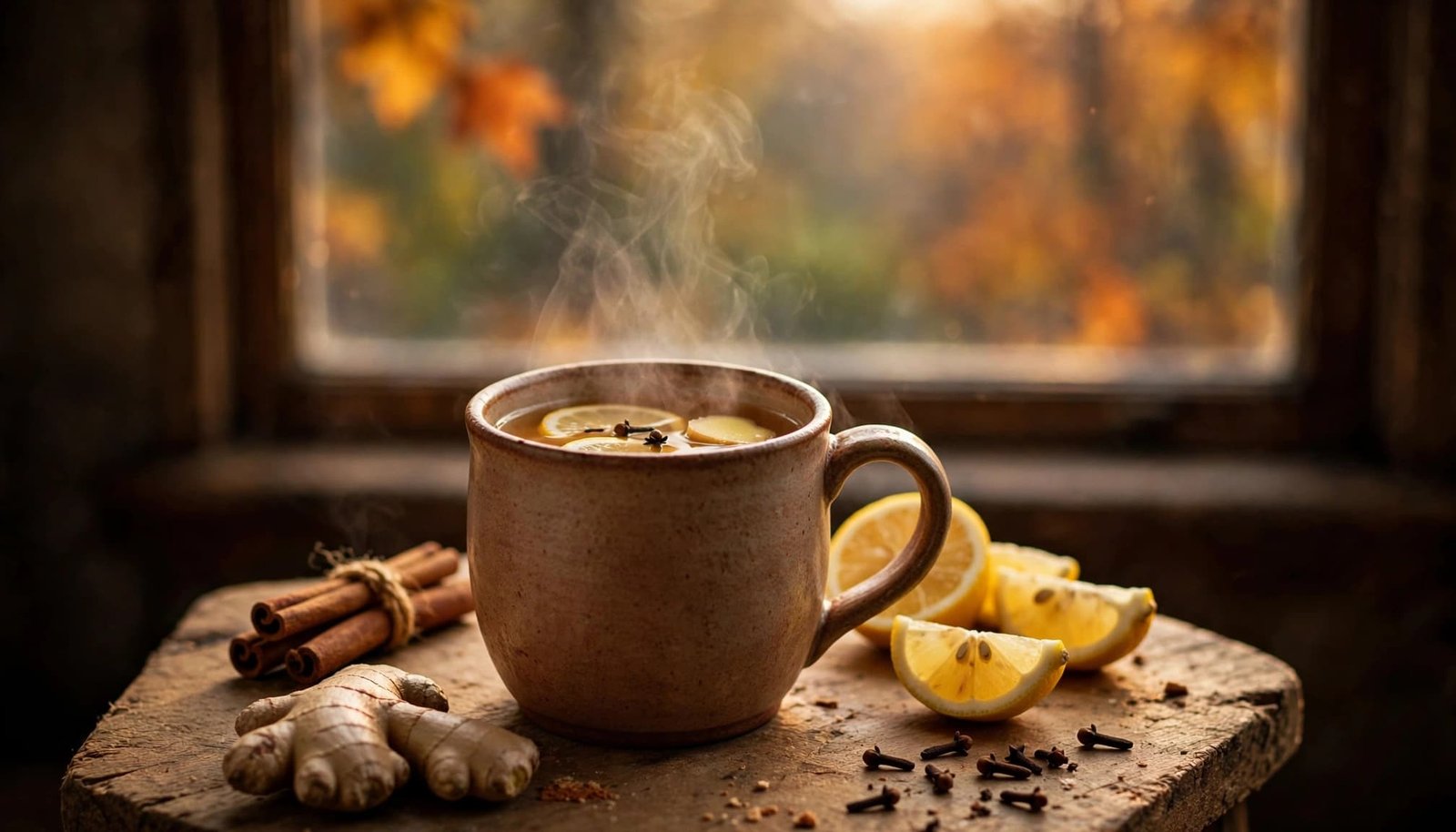 A steaming cider toddy beside spices and lemon on a wooden table.