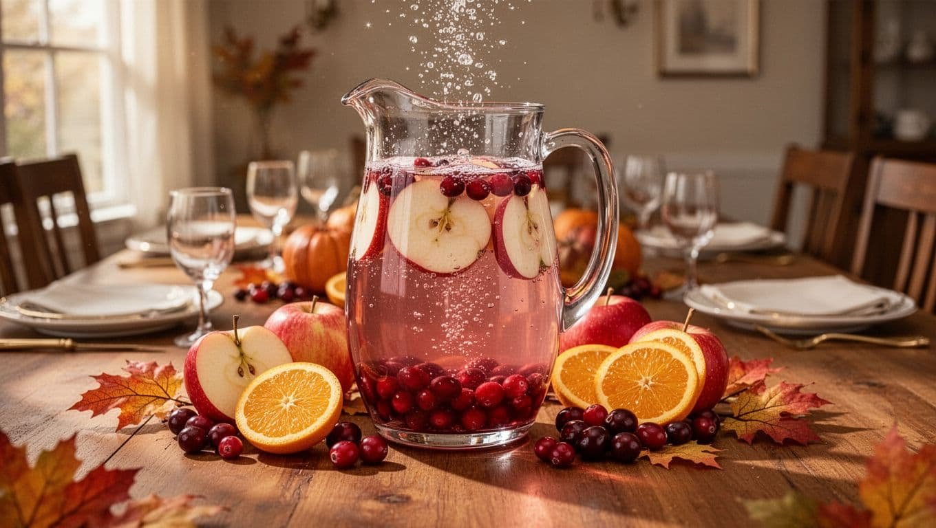 A glass pitcher of sparkling cranberry punch with fruit and autumn leaves on a dining table.