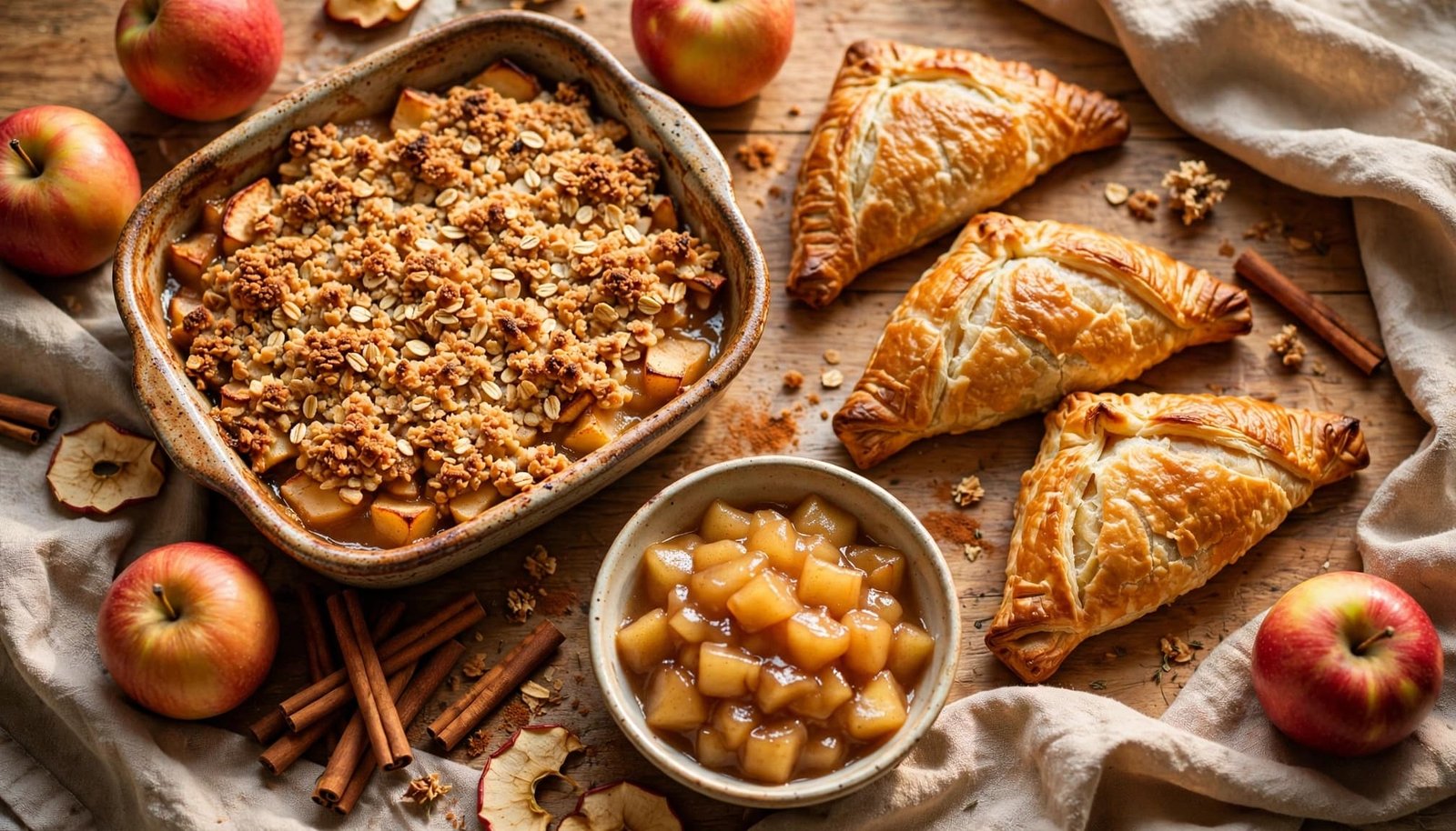 Apple crisp, turnovers, and pie filling arranged with apples and cinnamon on a cozy kitchen table.