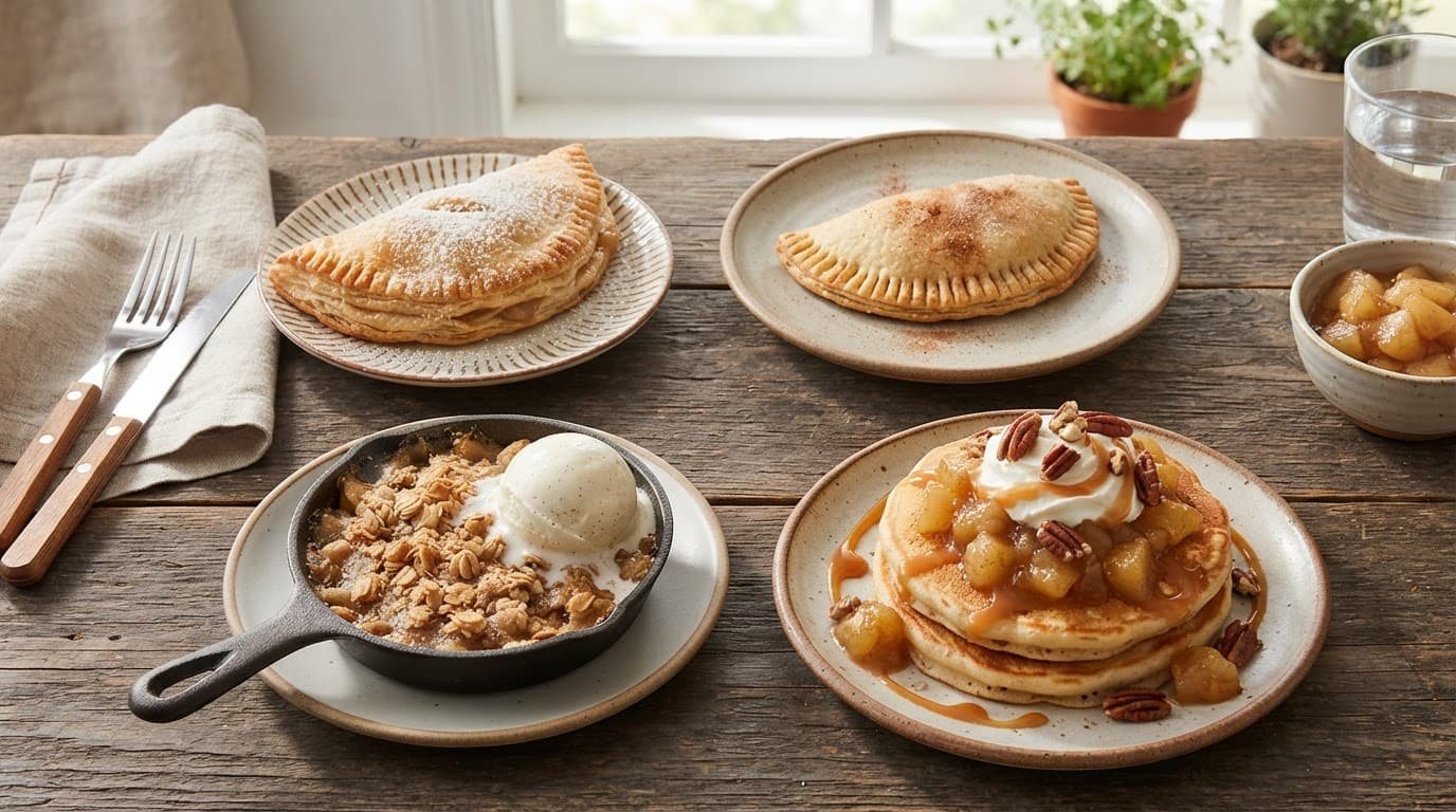 Four apple desserts arranged on a rustic table, including pancakes, a turnover, hand pie, and apple crisp.
