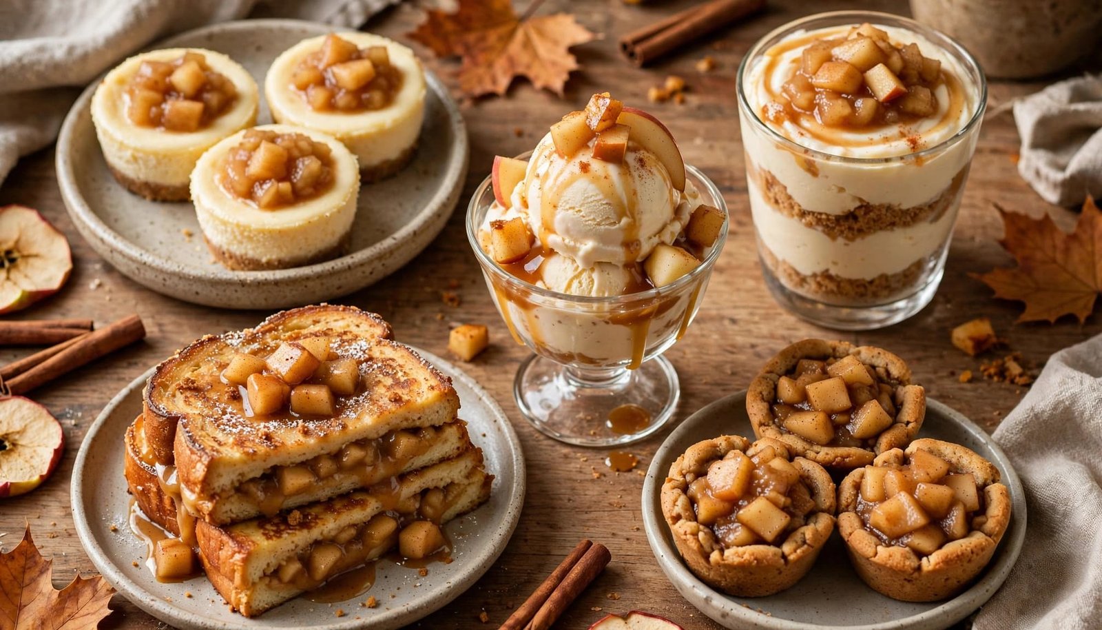 Five apple desserts arranged separately on a warmly lit kitchen table.