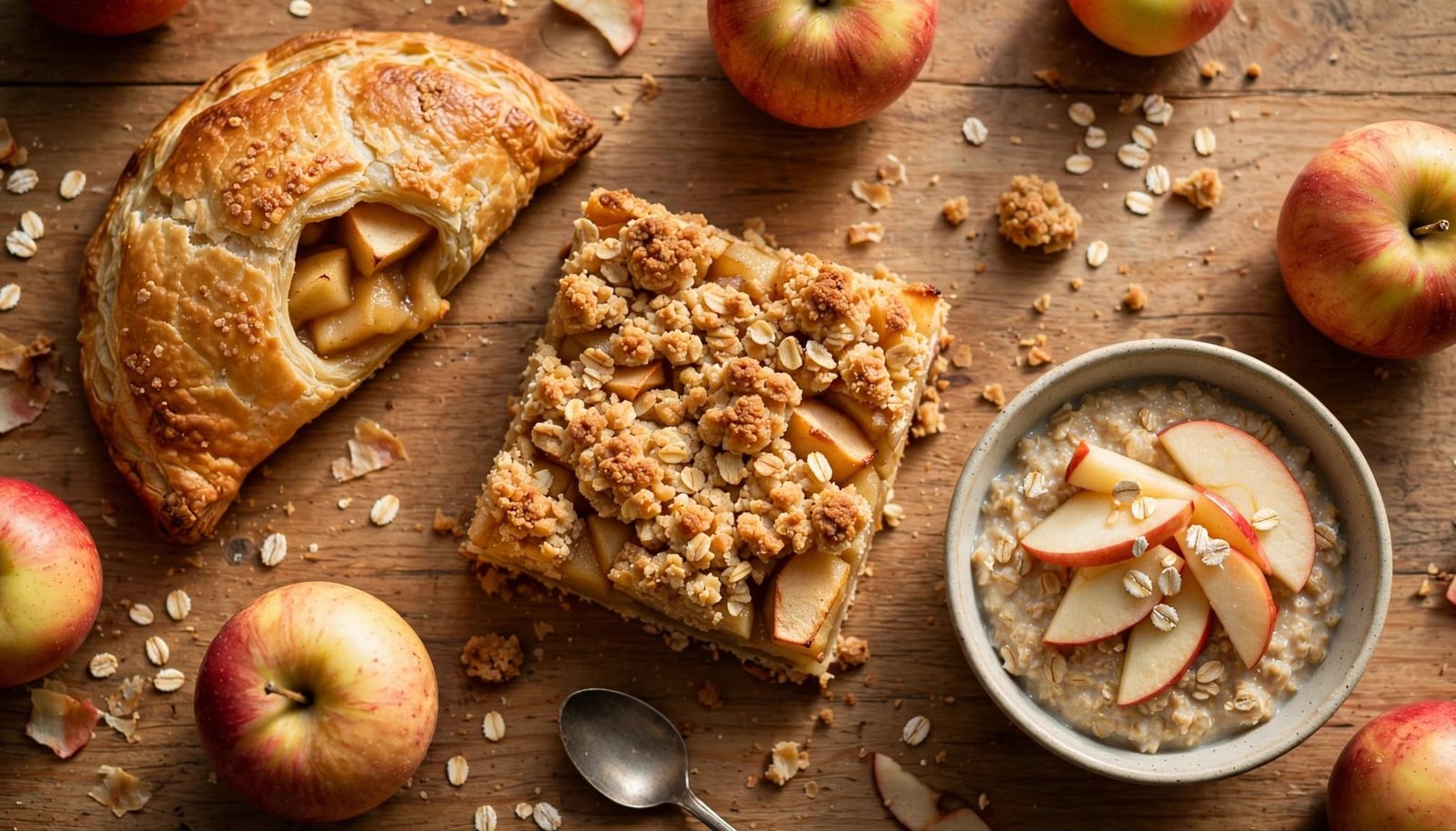 Three apple desserts with whole apples and a spoon on a wooden table.