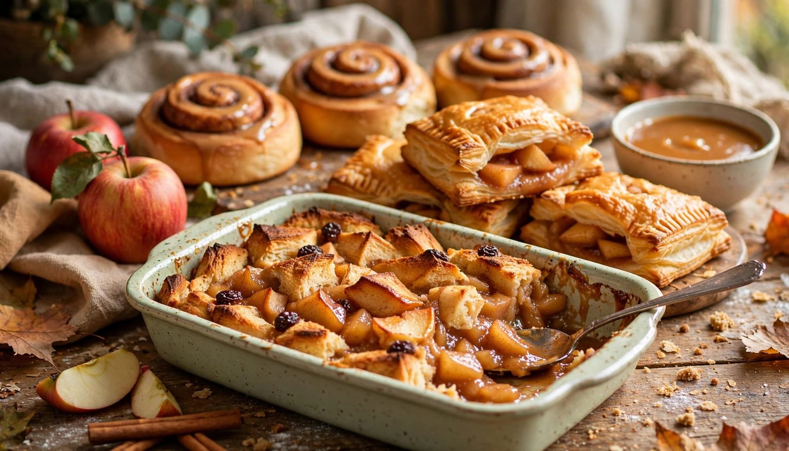 Apple bread pudding sits beside pastries, cinnamon rolls, apples, and caramel sauce on a kitchen table.