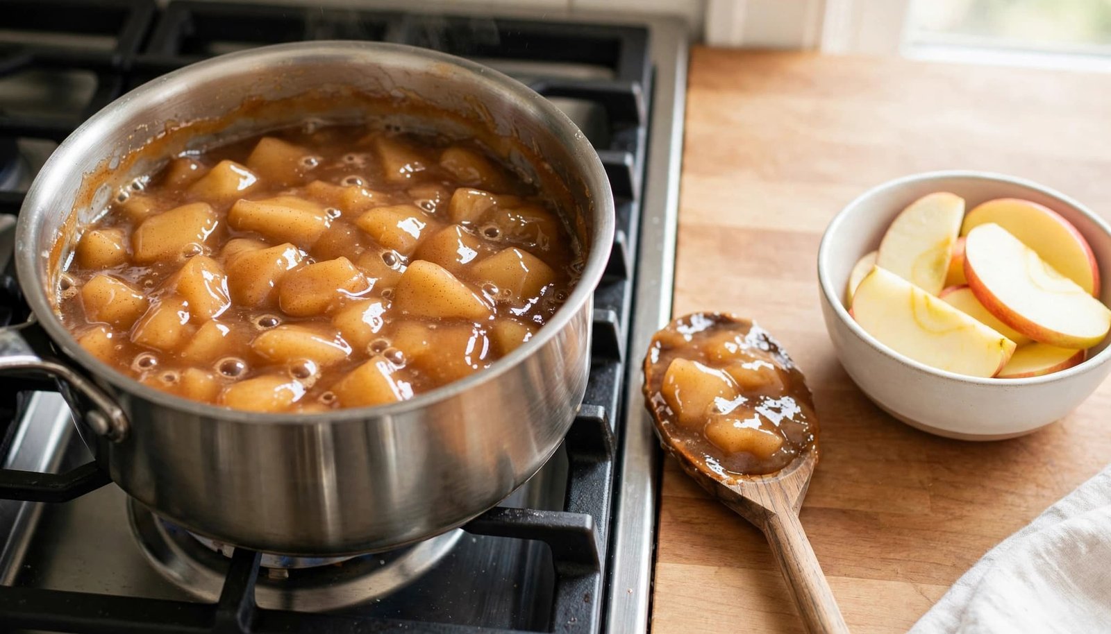 Saucepan of apple pie filling with a wooden spoon and sliced apples in a bowl.