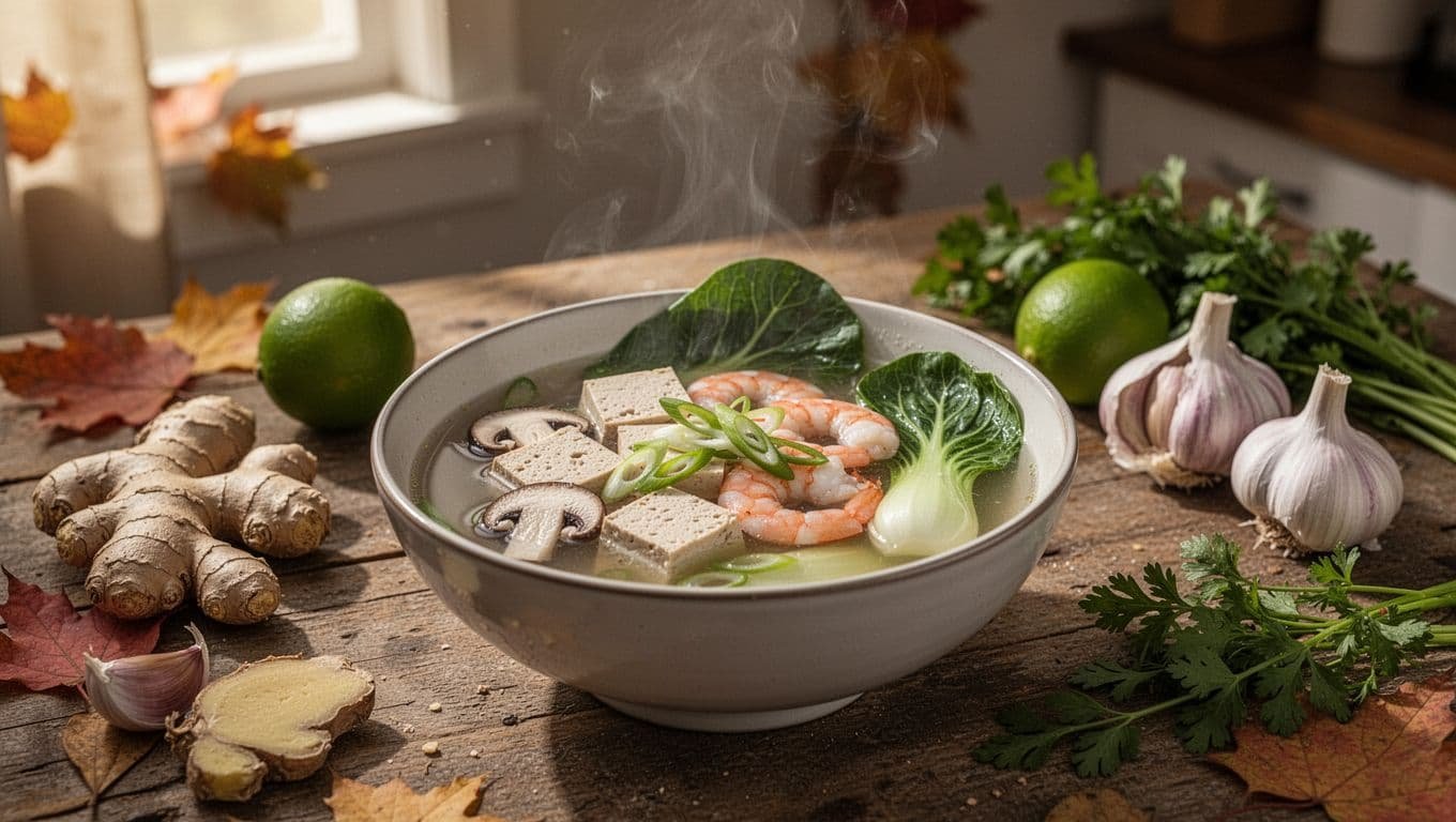 A steaming broth soup with shrimp, tofu, mushrooms, and bok choy on a rustic table.