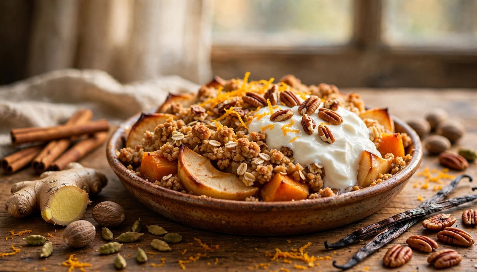 Apple and pumpkin crumble with yogurt, pecans, and fall spices on a wooden table.