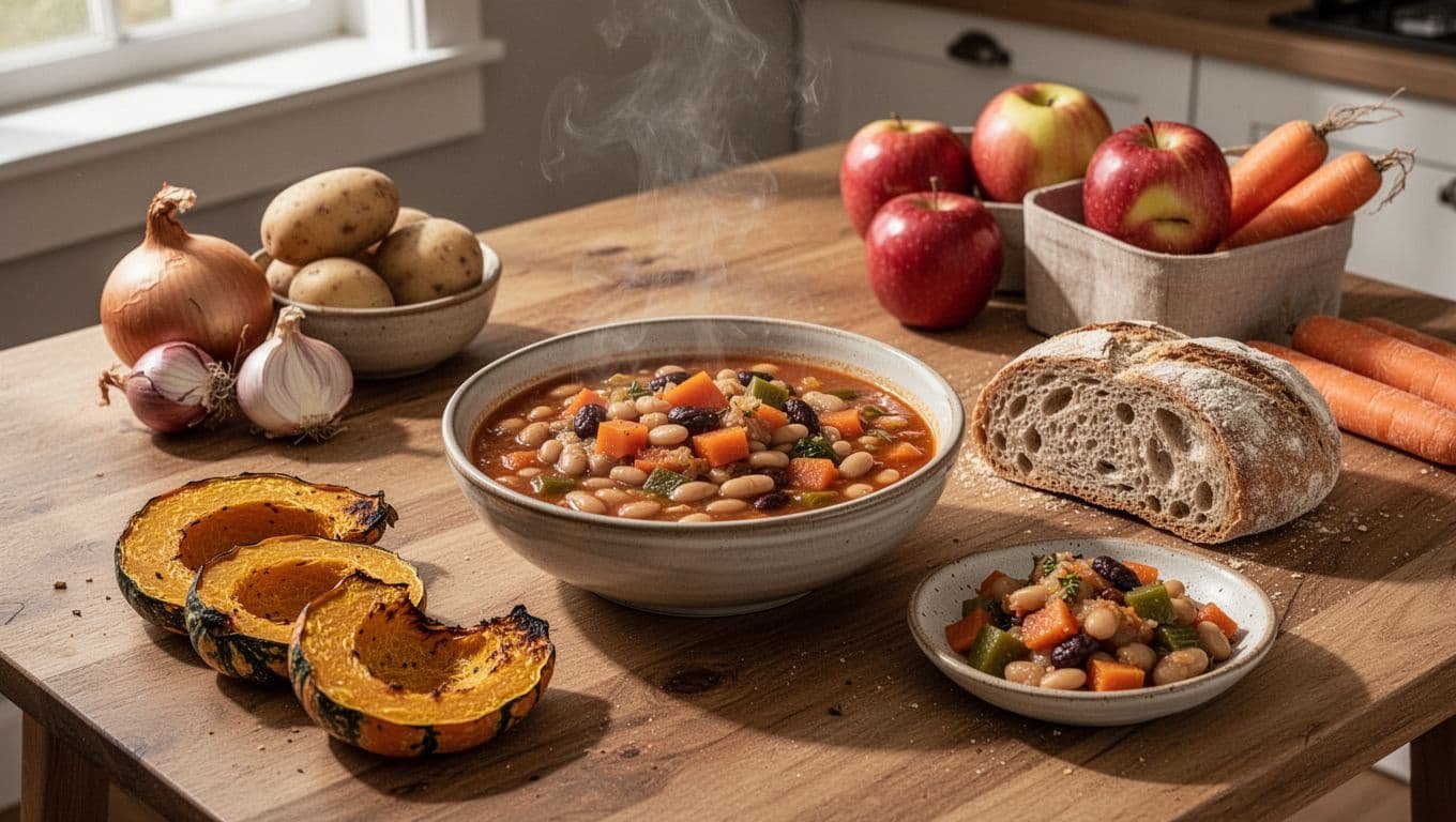 A warm autumn table with bean stew, roasted squash, bread, and seasonal vegetables.