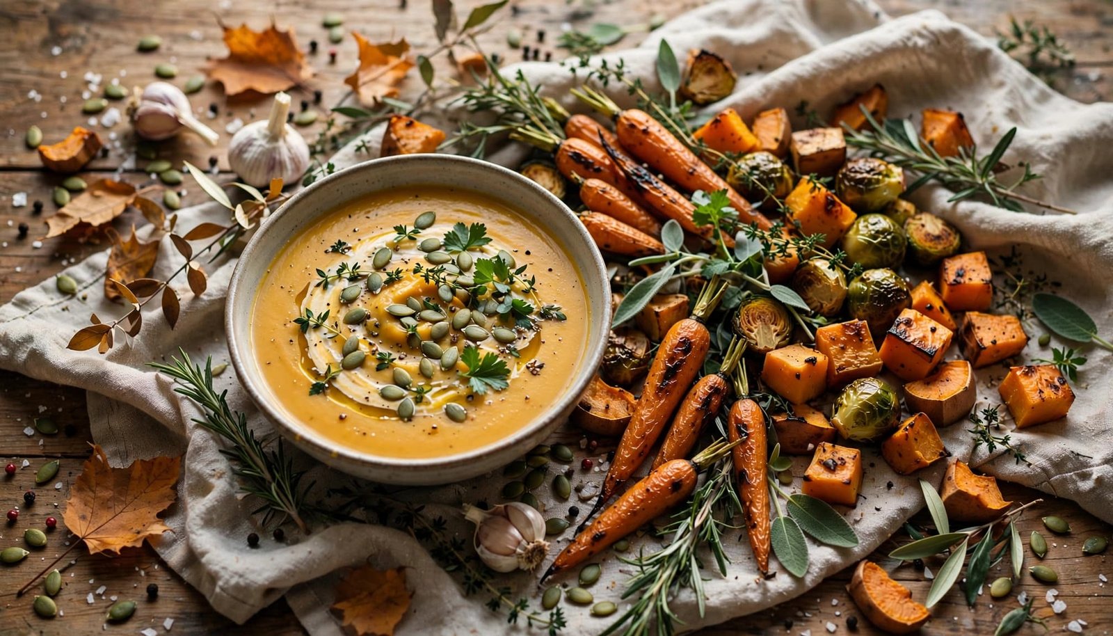 Butternut squash soup with roasted vegetables and herbs on a rustic autumn table.