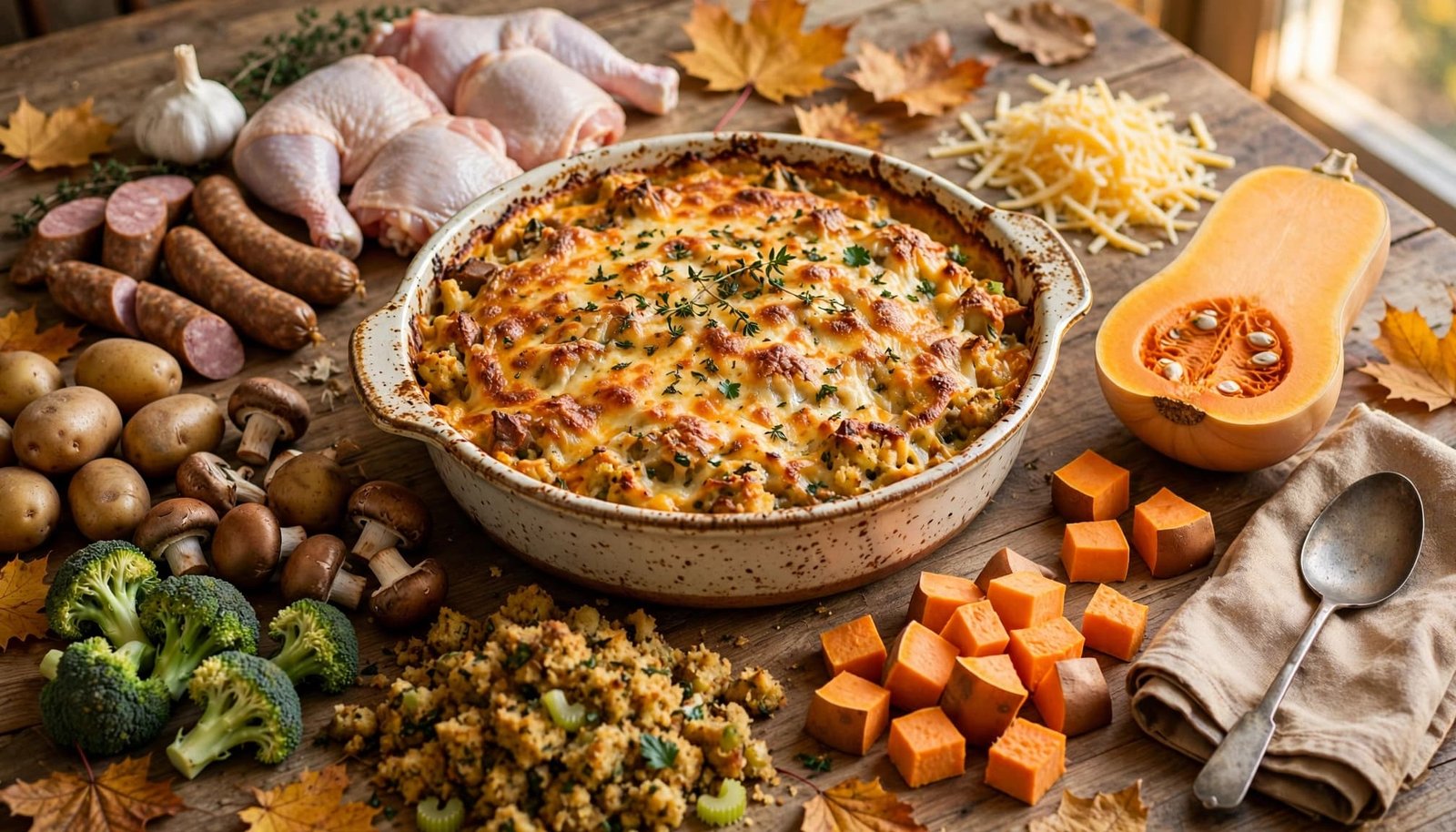 A golden casserole surrounded by fall vegetables and ingredients on a rustic table.