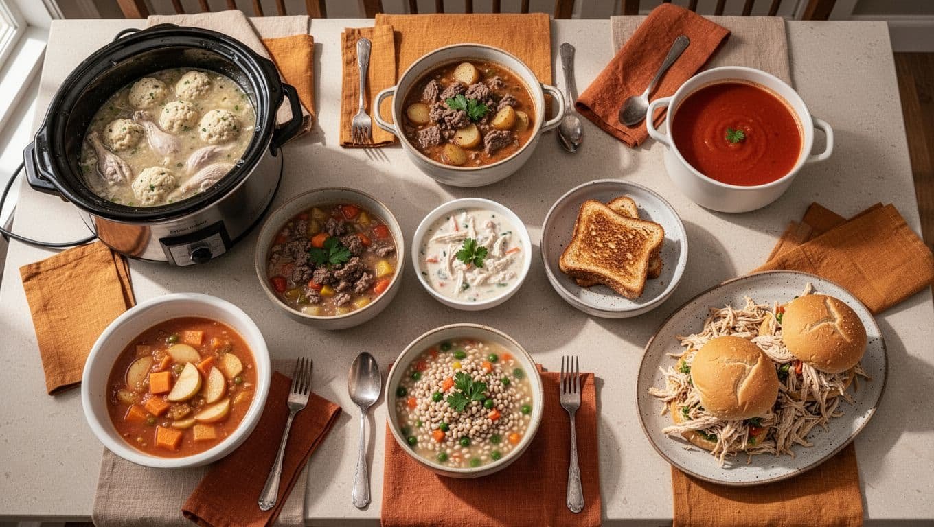 Seven cozy fall soups, stews, and sandwiches arranged on a kitchen table.