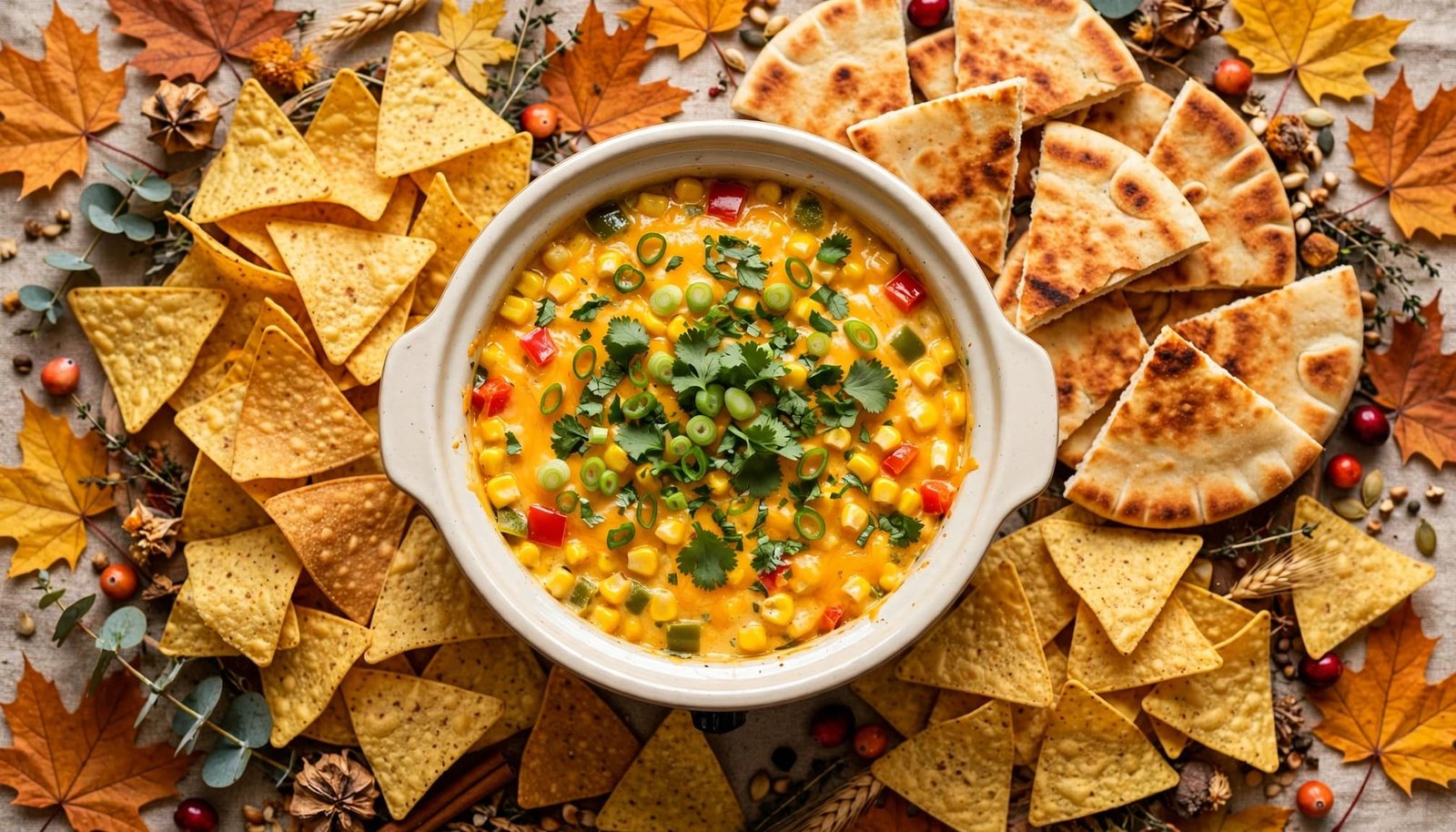 Corn and cheddar dip in a slow cooker with chips and herbs.