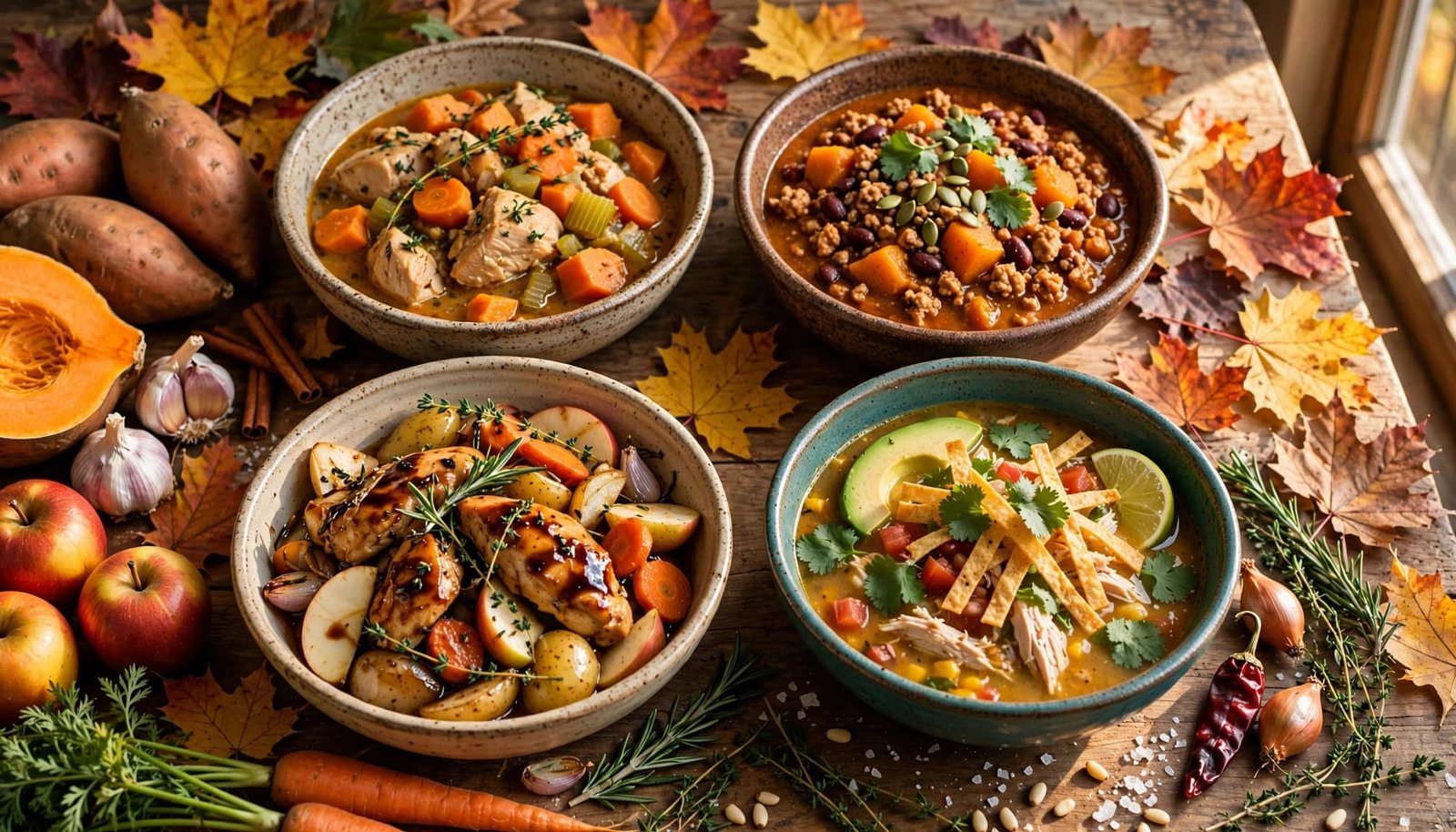 Four bowls of autumn crockpot meals on a rustic table with leaves and ingredients.