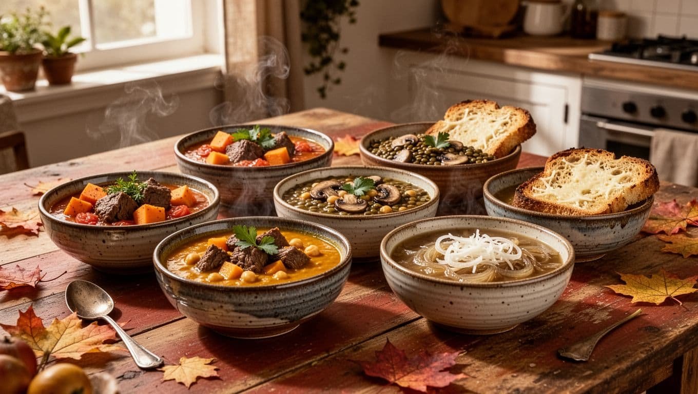 Four bowls of colorful dairy-free stews and soup on a rustic autumn table.
