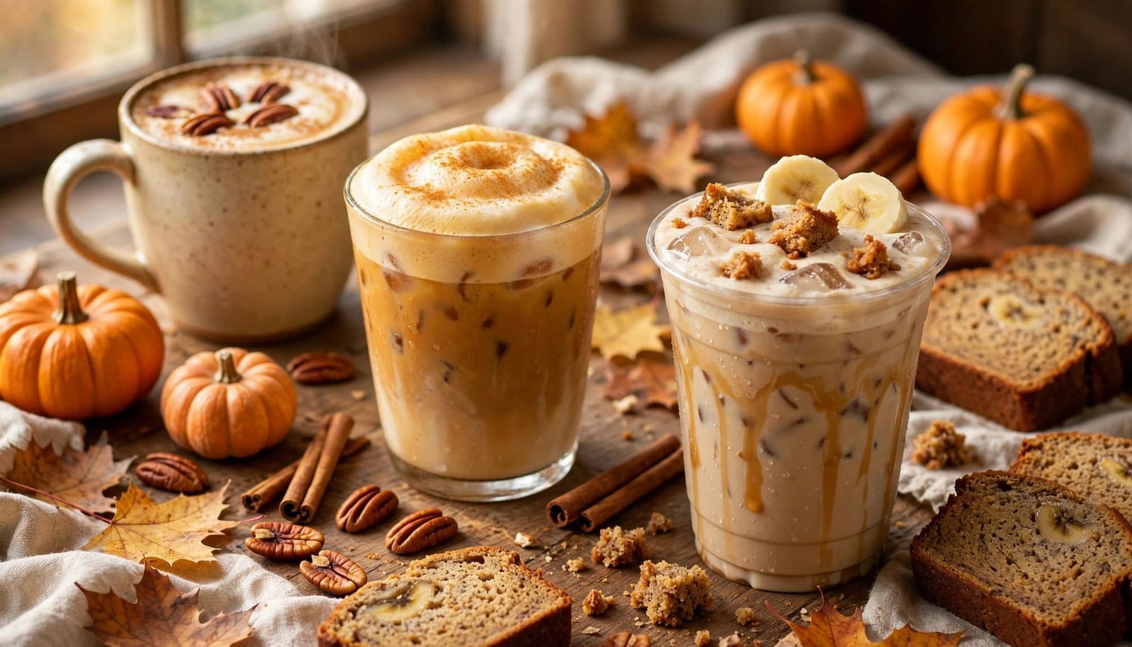 Three autumn coffee drinks with pumpkins, pecans, cinnamon, and banana bread on a rustic table.