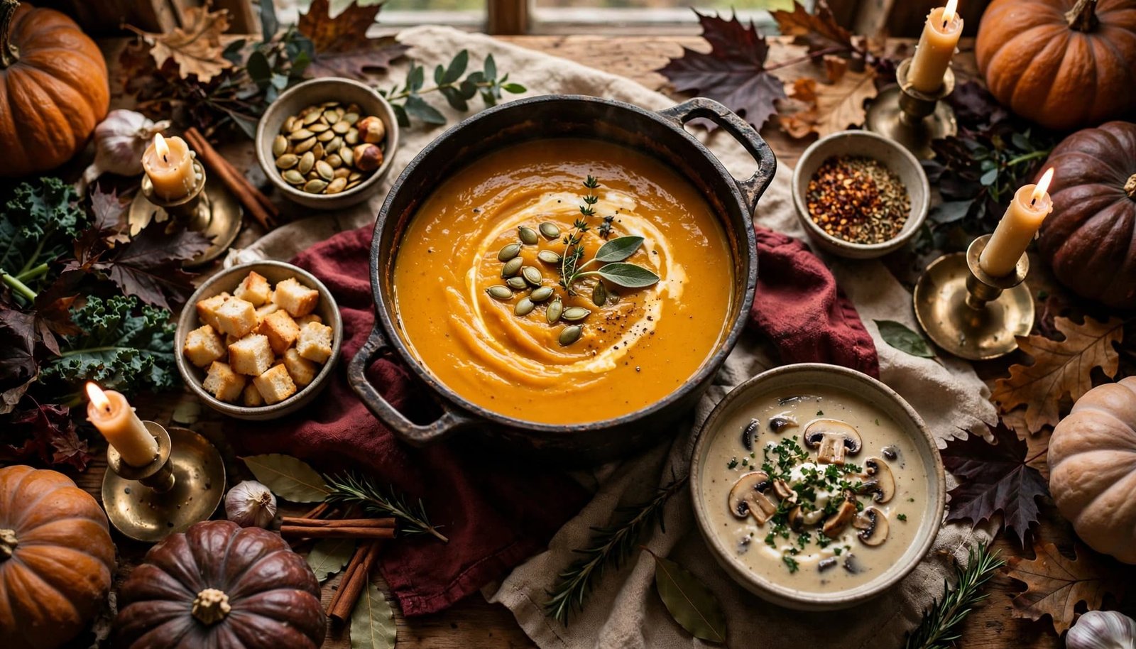 Pumpkin and mushroom soups sit on a candlelit autumn buffet table.