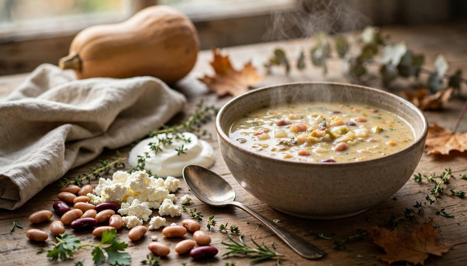 Steaming creamy vegetable soup with protein-rich ingredients on a rustic table.