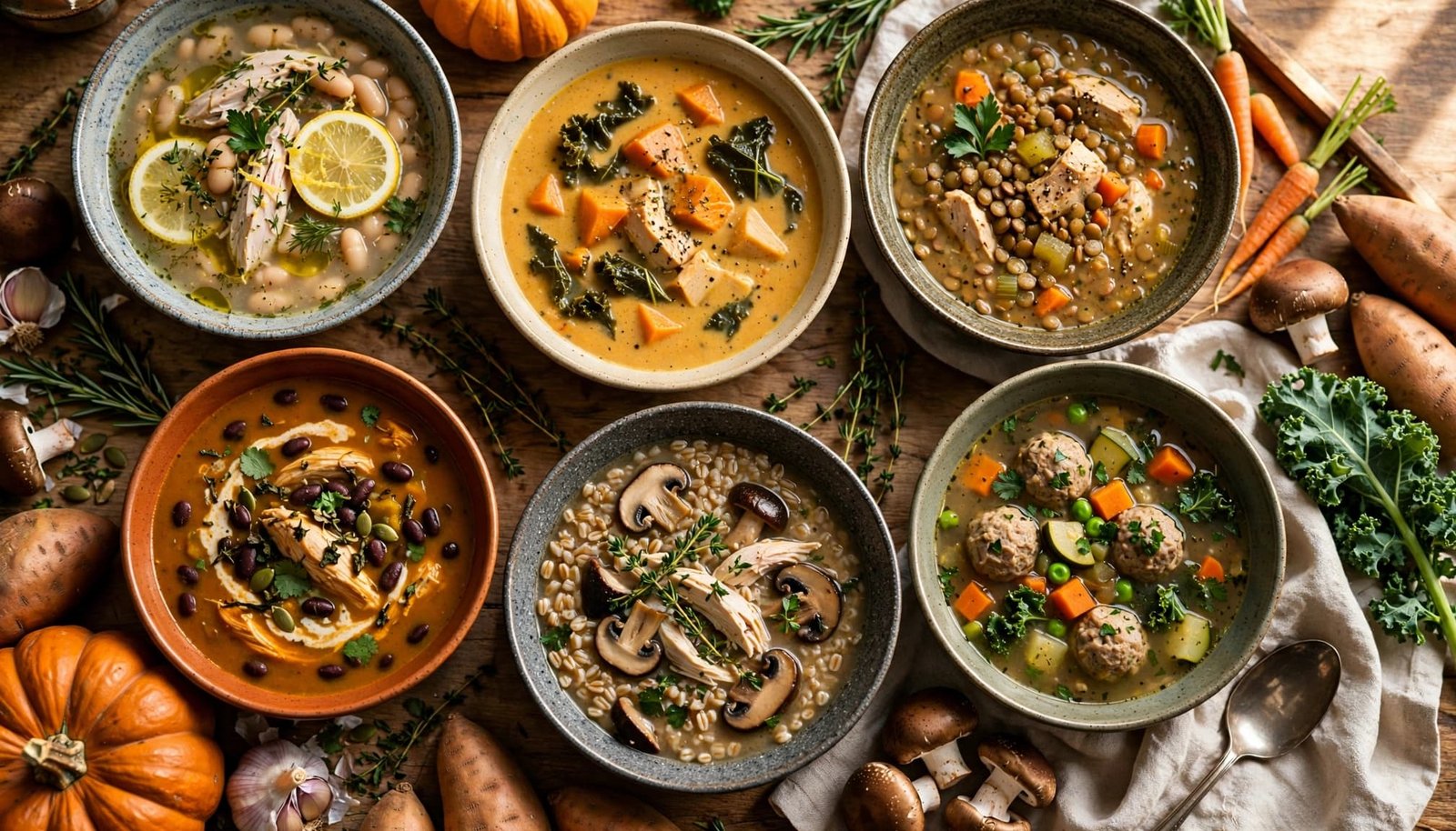 Six bowls of colorful chicken and turkey soups arranged on an autumn table with vegetables and herbs.