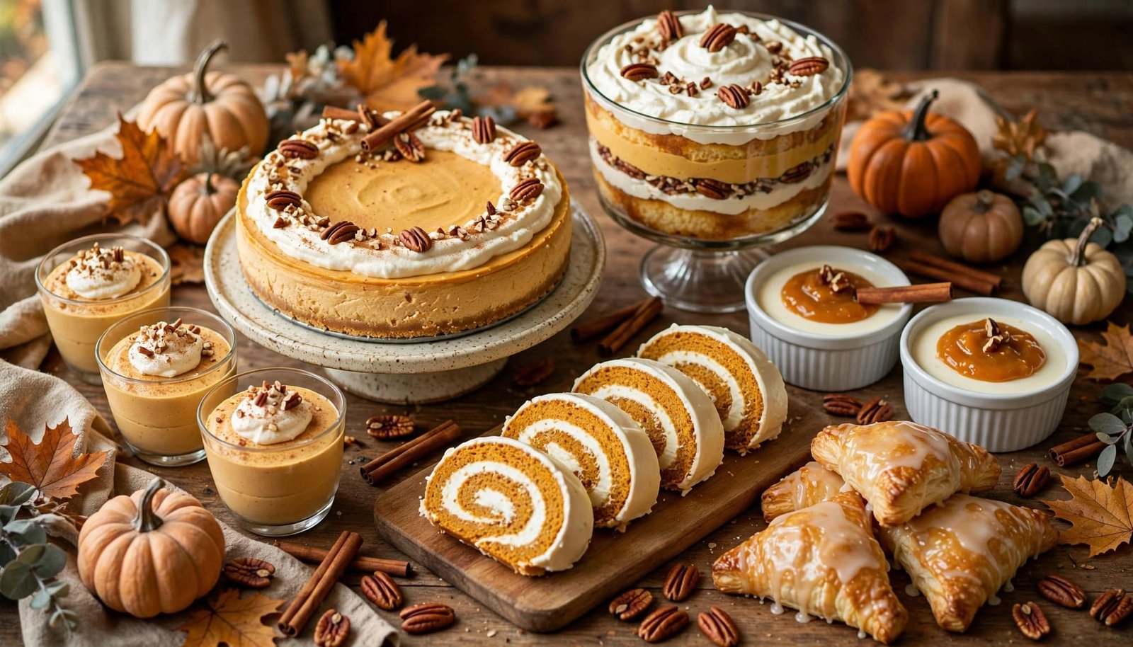 A table filled with pumpkin desserts, pecans, cinnamon sticks, and small pumpkins.
