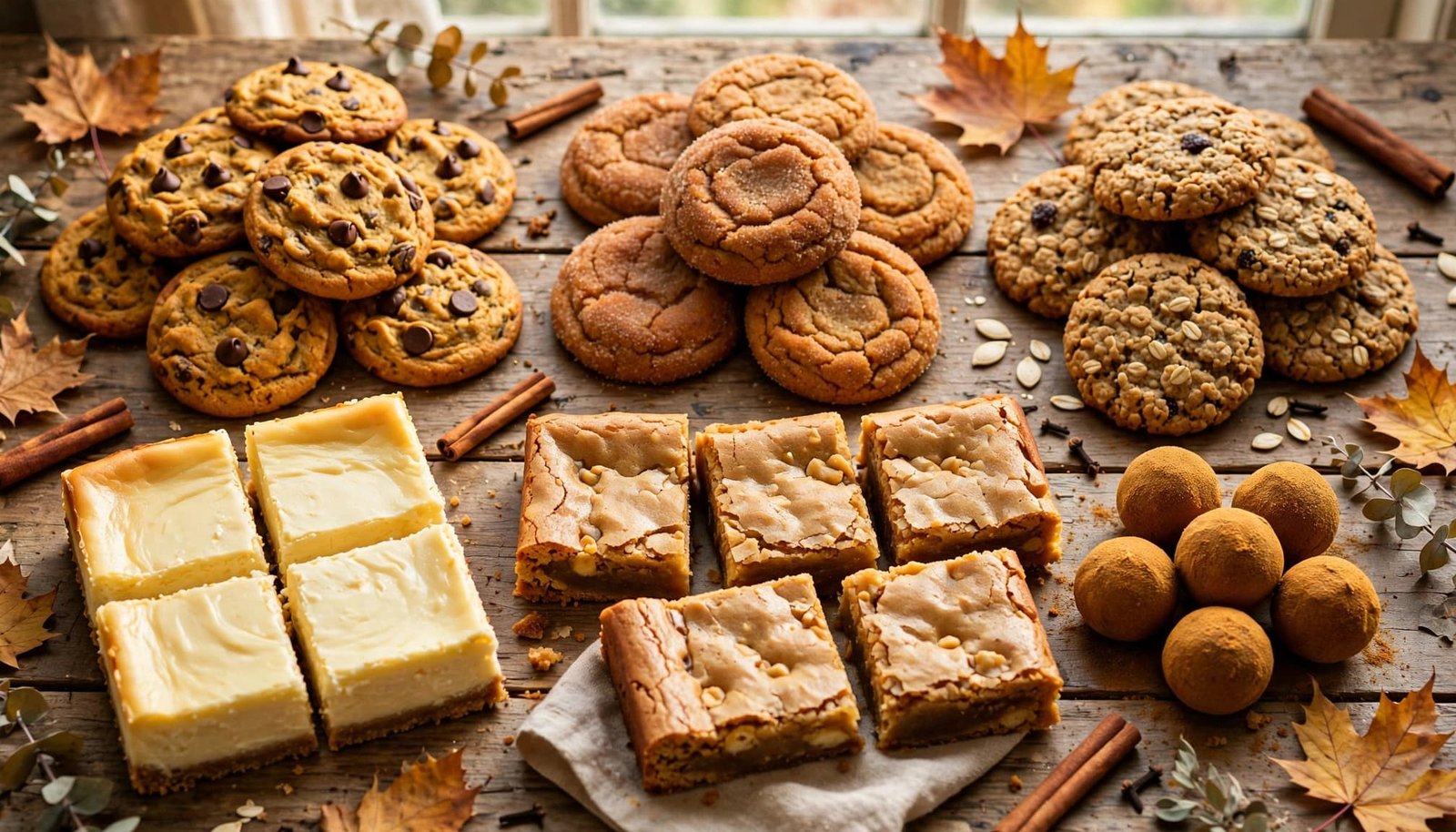 Six kinds of pumpkin desserts arranged on a rustic table with cinnamon sticks and autumn leaves.