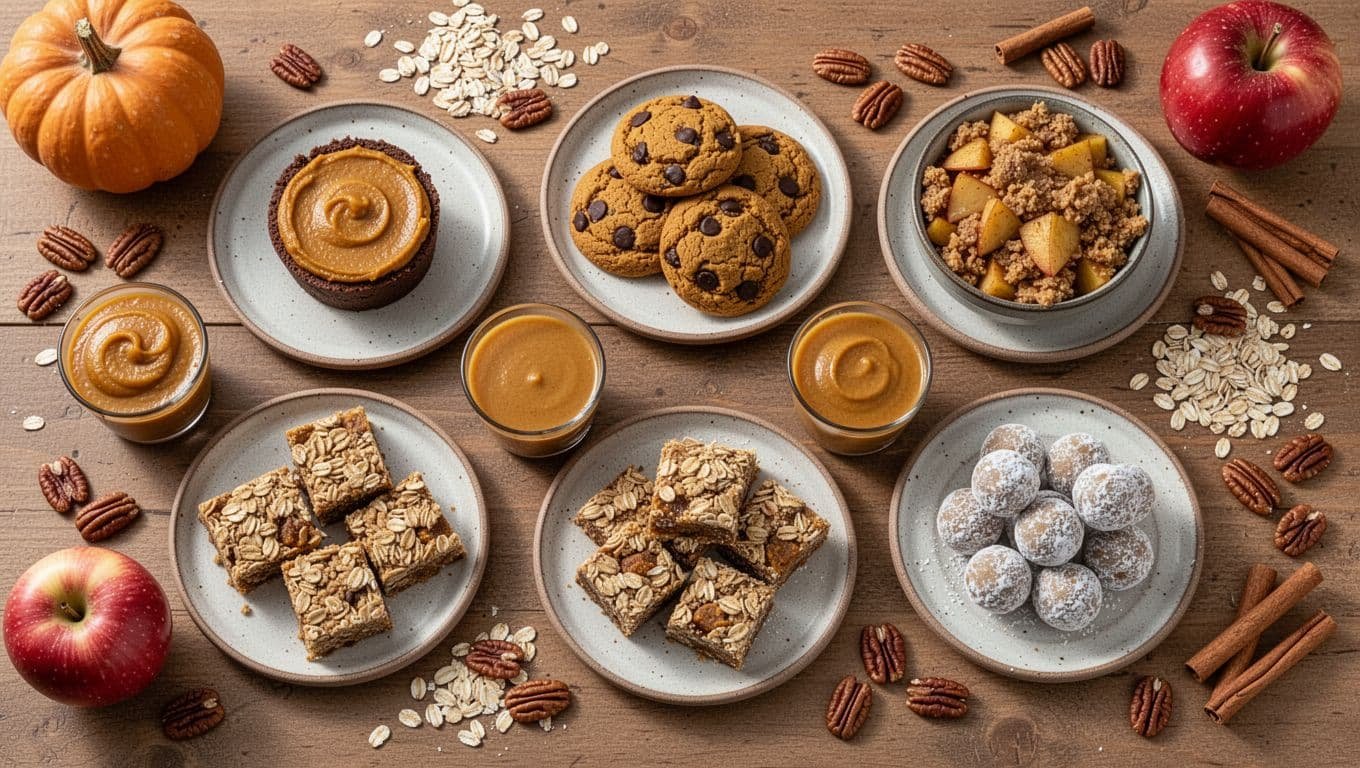 Six pumpkin desserts arranged on plates and in glasses on a rustic kitchen table.