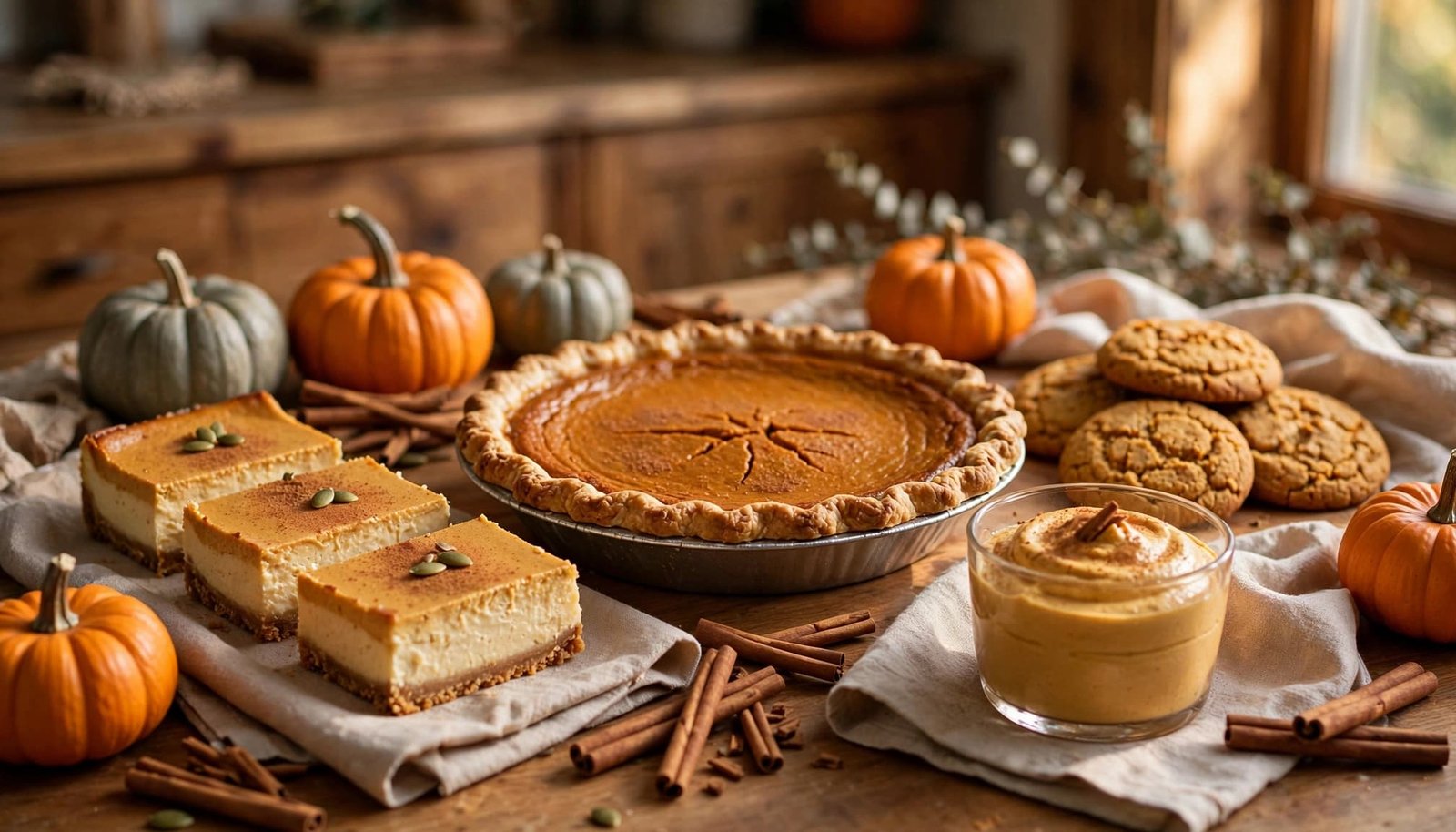 Pumpkin pie surrounded by cheesecake bars, cookies, and mousse on a warm autumn dessert table.