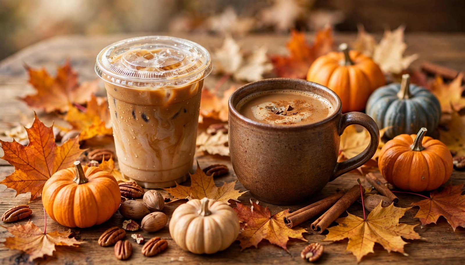 Pumpkin-spice coffee in two cups with pumpkins, pecans, cinnamon, and maple leaves.