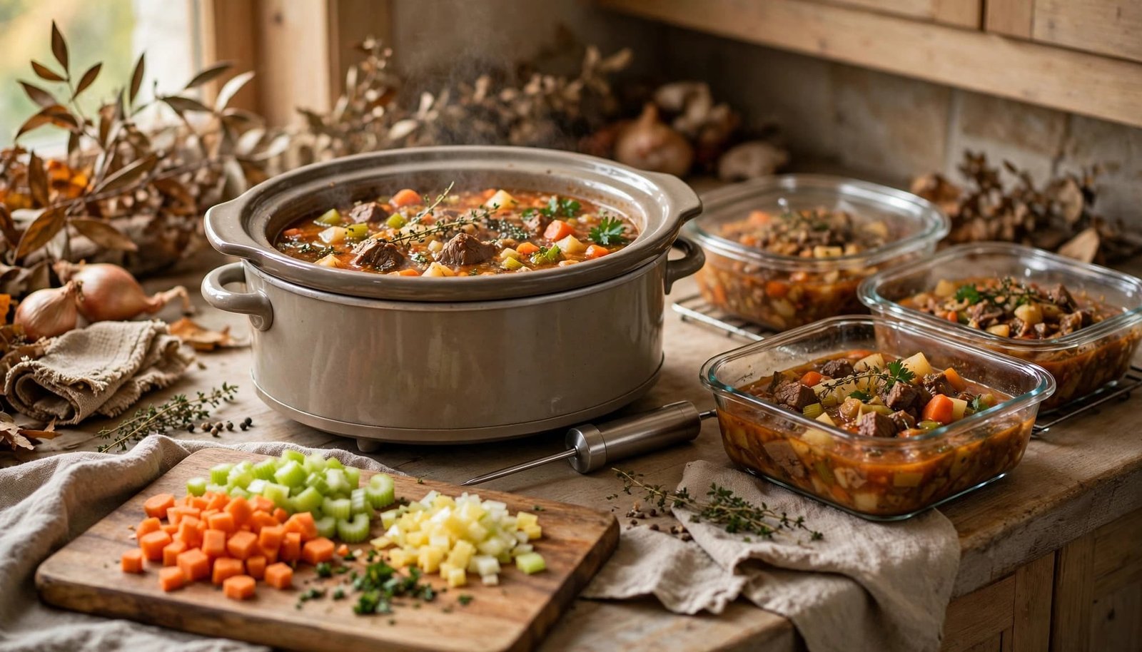 Slow cooker stew beside a thermometer, cooling leftovers, and chopped vegetables.