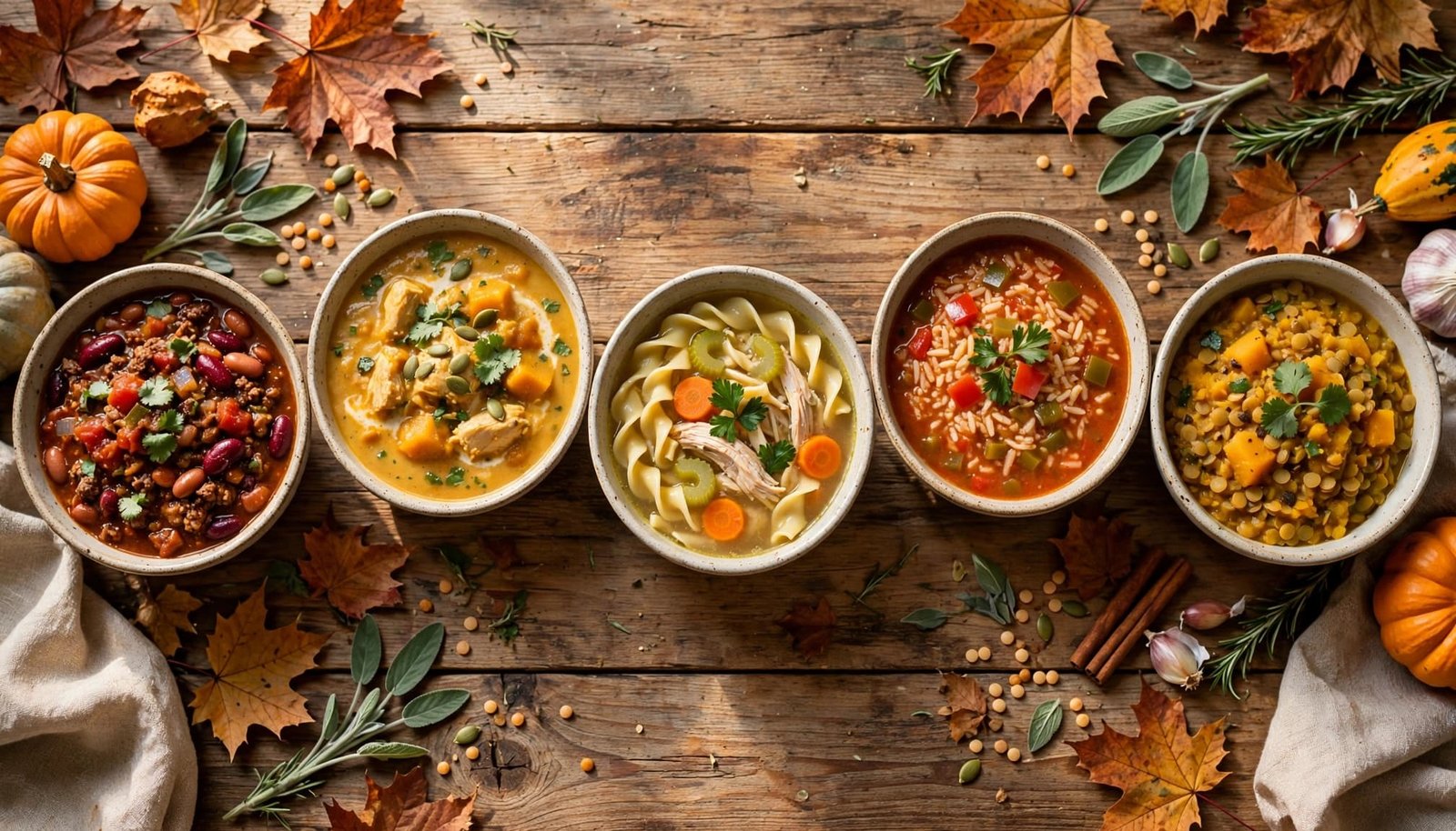 Five bowls of autumn soups and chilis sit on a rustic wooden table.