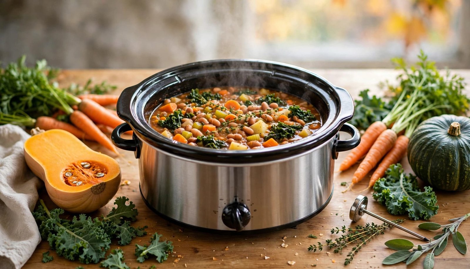 An uncovered slow cooker of vegetable stew beside squash, carrots, kale, and a thermometer.