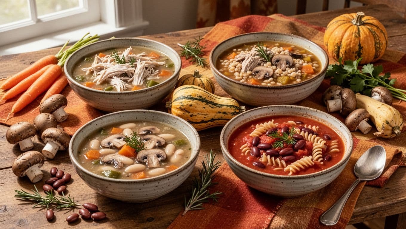 Four bowls of hearty autumn soups and stews on a rustic wooden table.