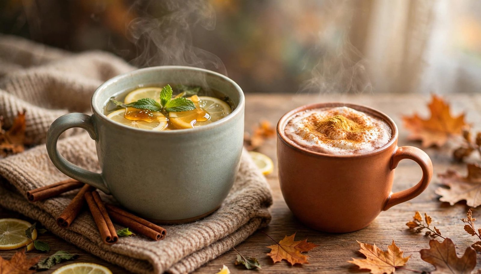 Two mugs of mint lemon tea and pumpkin-spiced hot chocolate on a cozy autumn table.