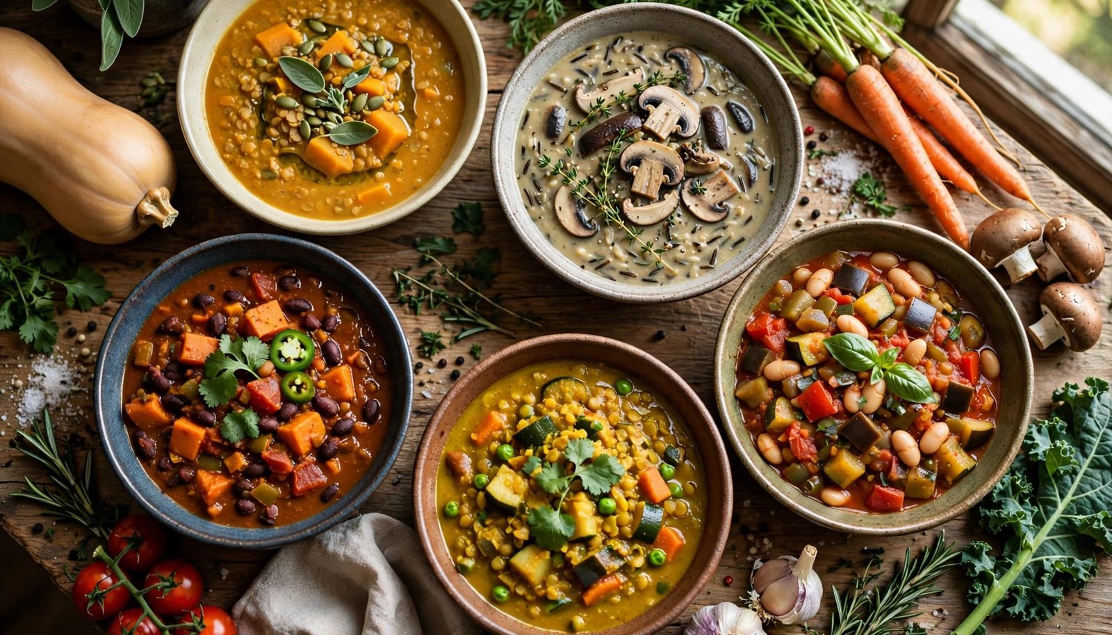Five colorful vegetarian crockpot dishes surrounded by autumn vegetables on a rustic table.