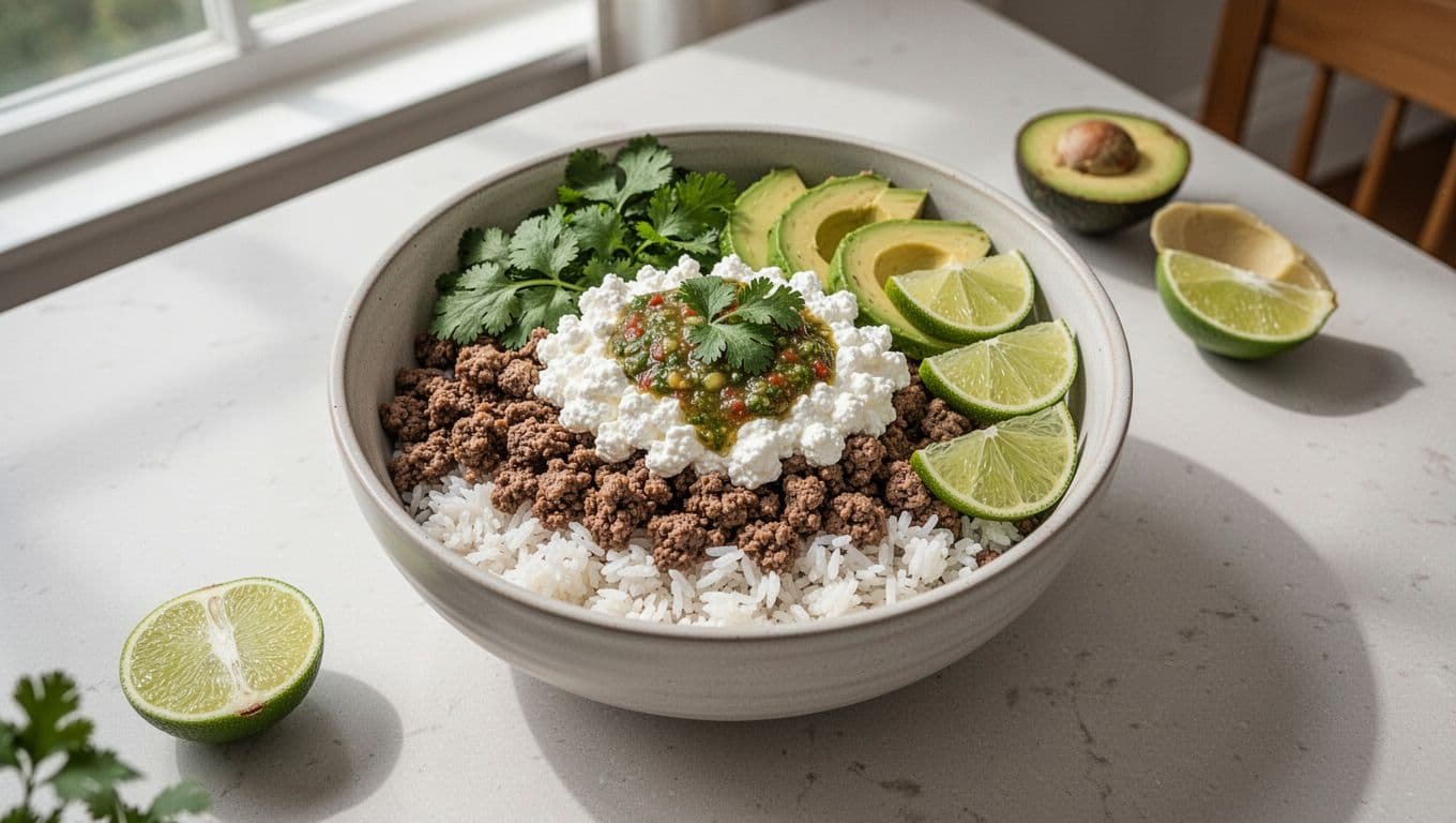 A bowl with beef, rice, cottage cheese, avocado, salsa verde, cilantro, and lime.