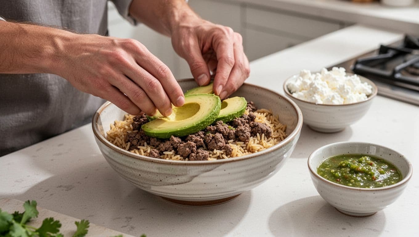 Hands add avocado to a bowl of rice and seasoned beef beside salsa verde.