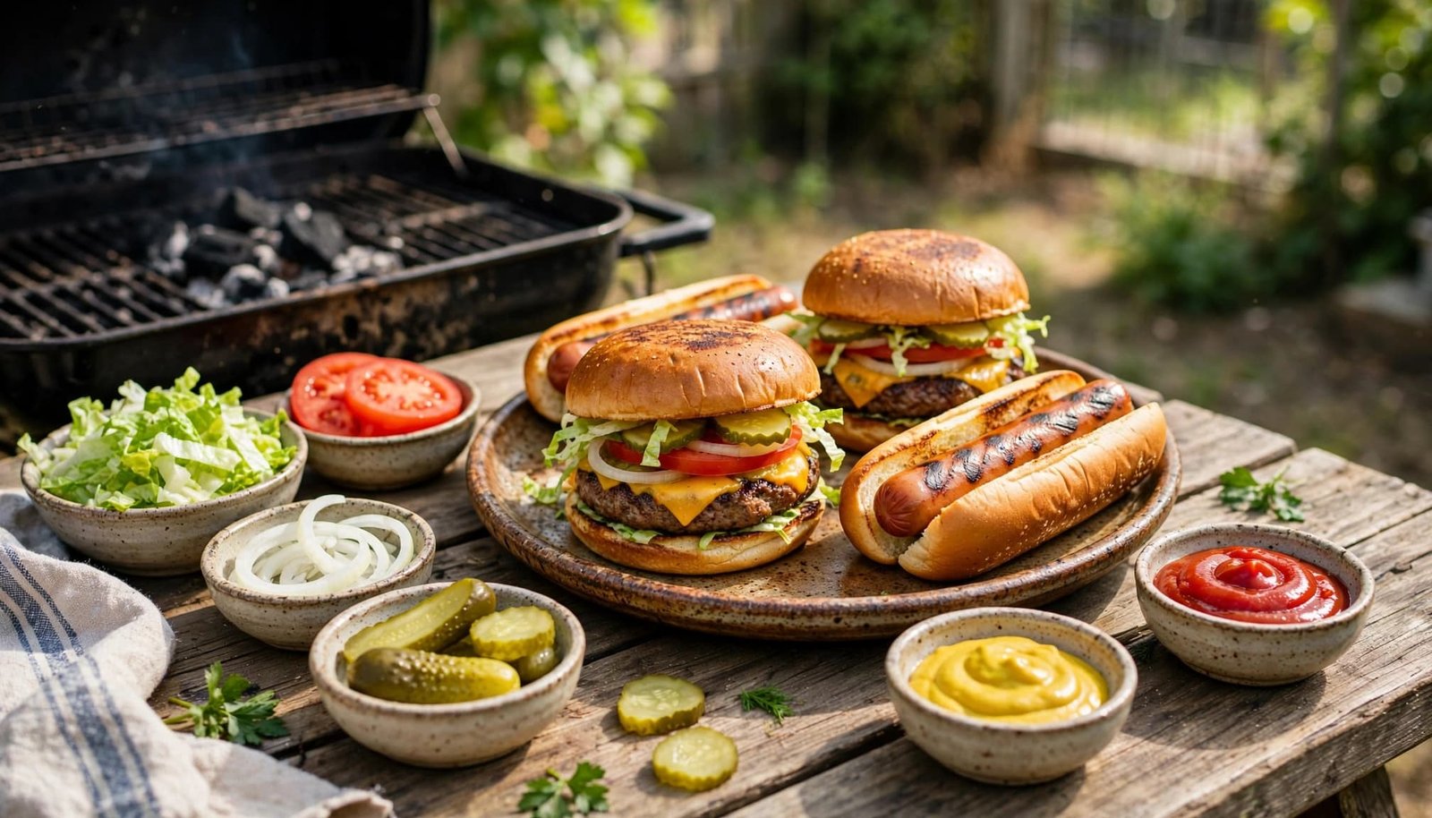 Grilled burgers and hot dogs with toppings on a platter beside a backyard grill.