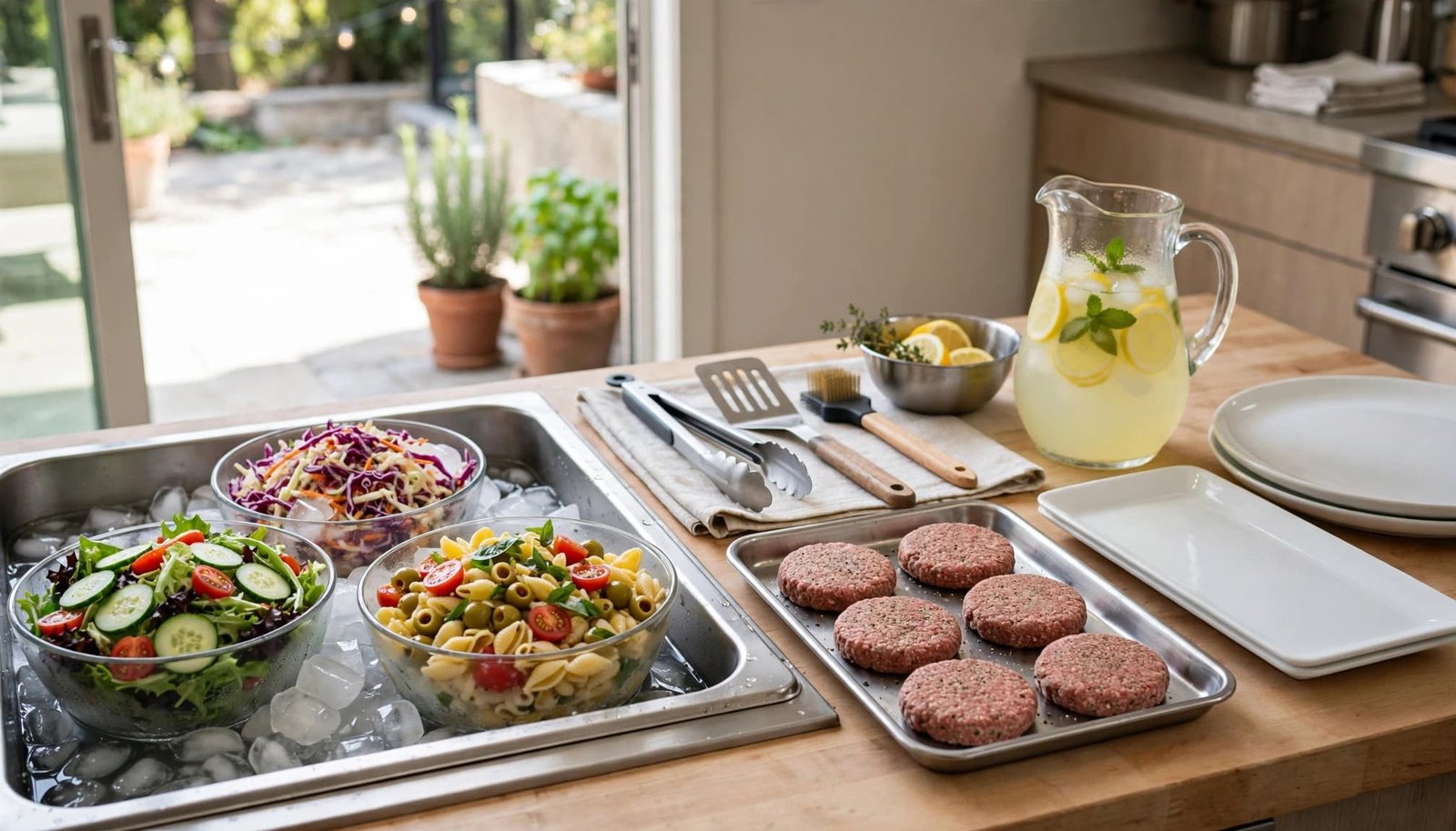 Chilled salads, burger patties, grilling tools, lemonade, and platters arranged for a backyard party.