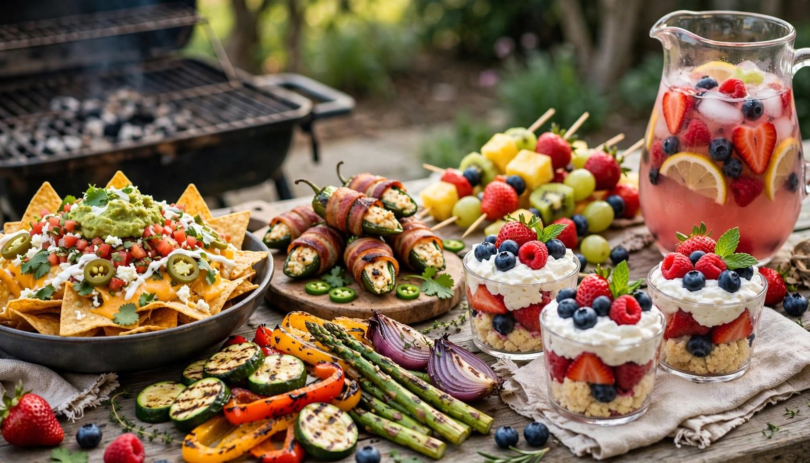 Colorful party snacks, desserts, fruit skewers, and berry lemonade arranged on a backyard table.